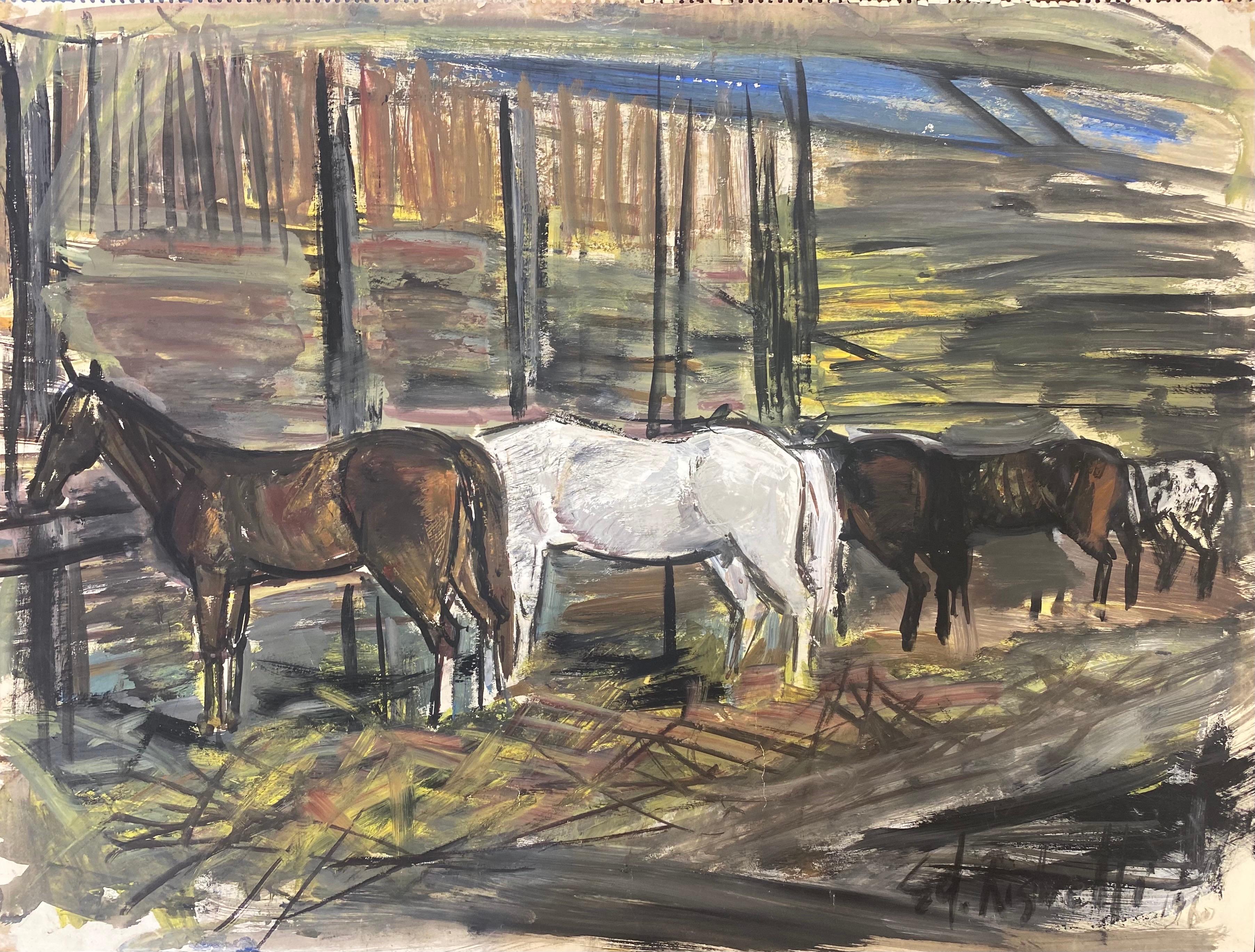 Édouard Righetti (1924-2001) Landscape Painting - Original French Mid Century Post-Impressionist Watercolour- Horses Feeding