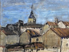 Original French Mid Century Post-Impressionist Watercolour- Tall Town Landscape