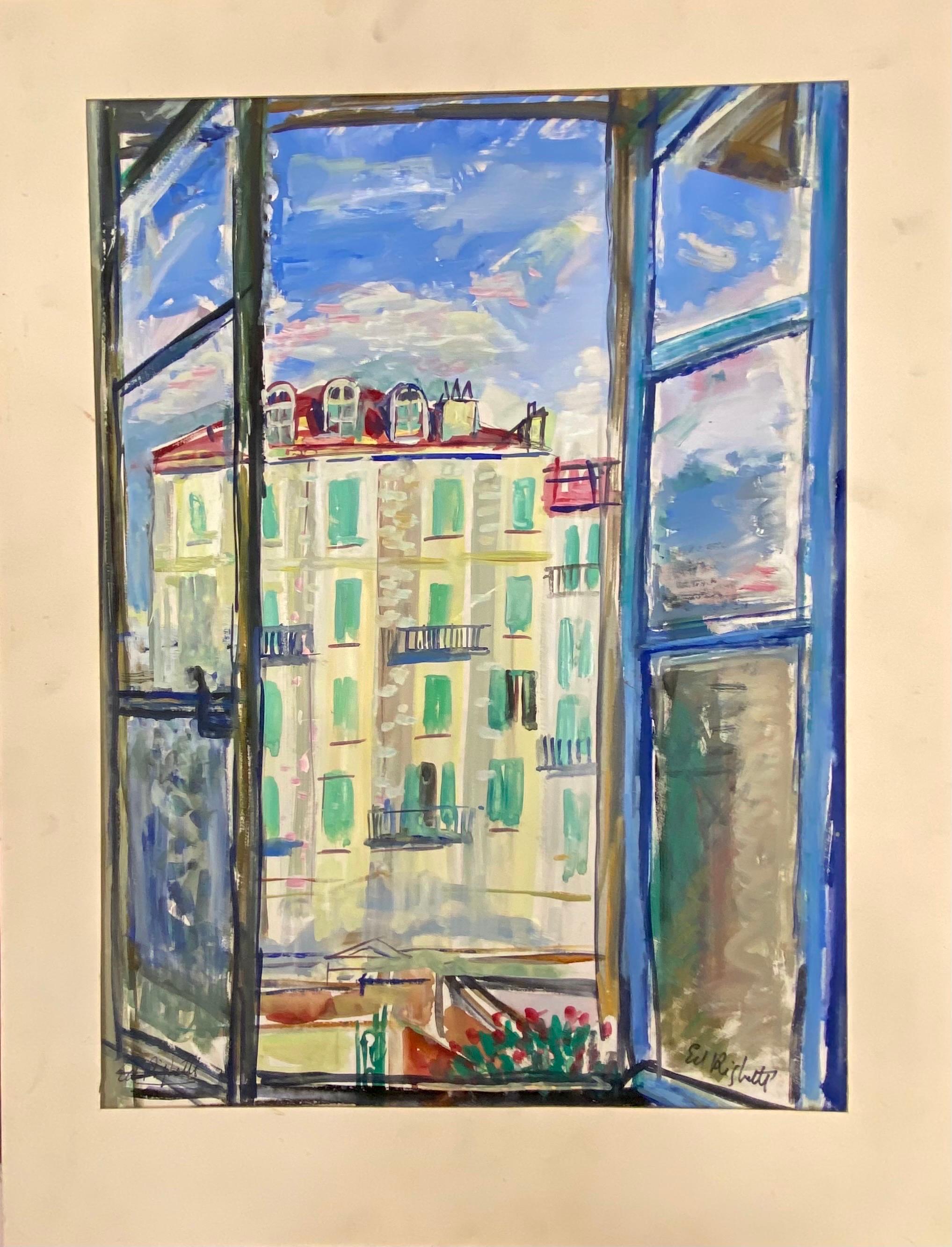 Original French Mid Century Post-Impressionist Watercolour- Through The Window - Painting by Édouard Righetti (1924-2001)