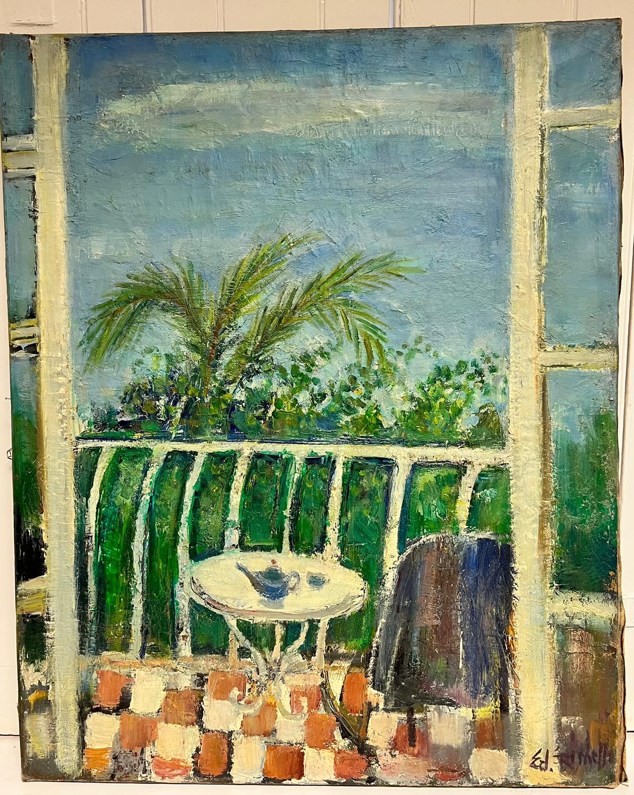 Original Post-Impressionniste Français du milieu du siècle Huile Verte Balcon Med Terrasse Vue - Painting de Édouard Righetti (1924-2001)