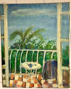 Original French Mid Century PostImpressionist Oil Green Balcony Med Terrace View