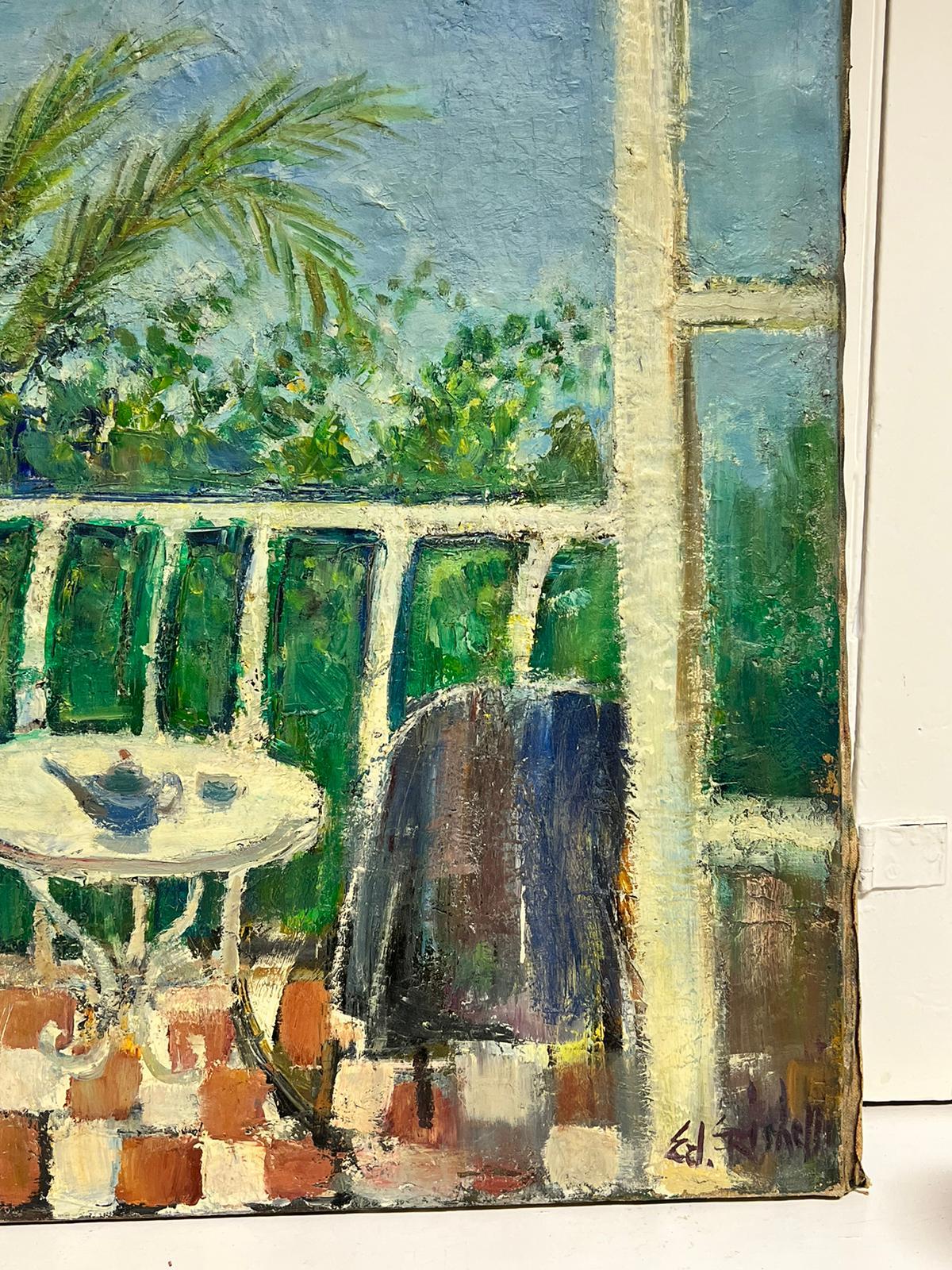 Original Post-Impressionniste Français du milieu du siècle Huile Verte Balcon Med Terrasse Vue - Post-impressionnisme Painting par Édouard Righetti (1924-2001)