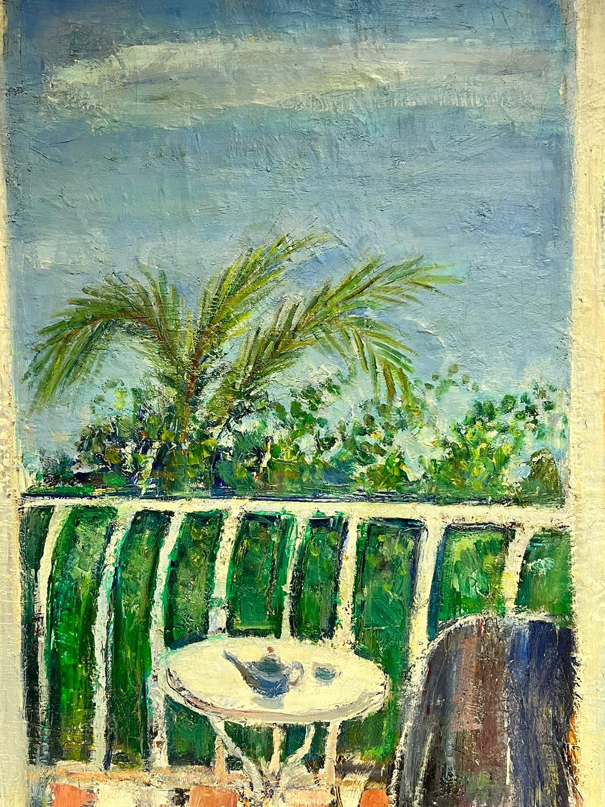 Original French Mid Century PostImpressionist Oil Green Balcony Med Terrace View - Post-Impressionist Painting by Édouard Righetti (1924-2001)