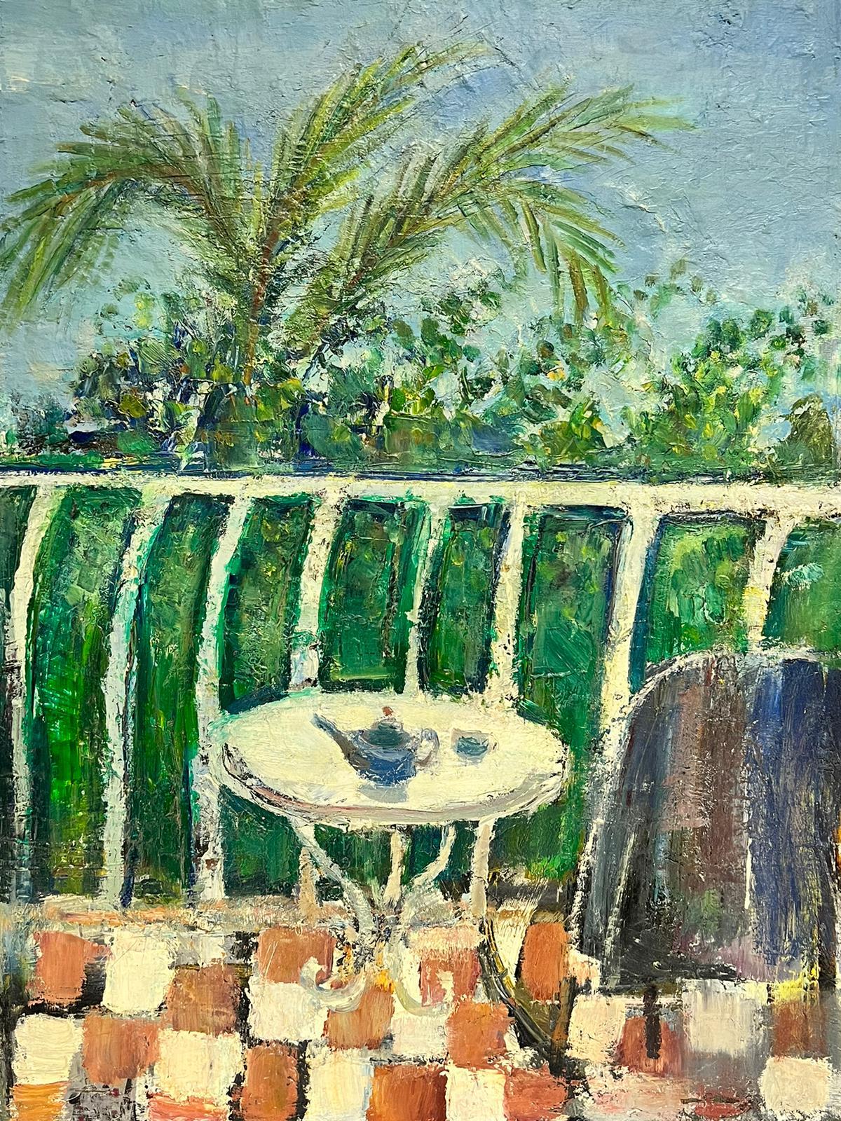 Original French Mid Century PostImpressionist Oil Green Balcony Med Terrace View For Sale 1