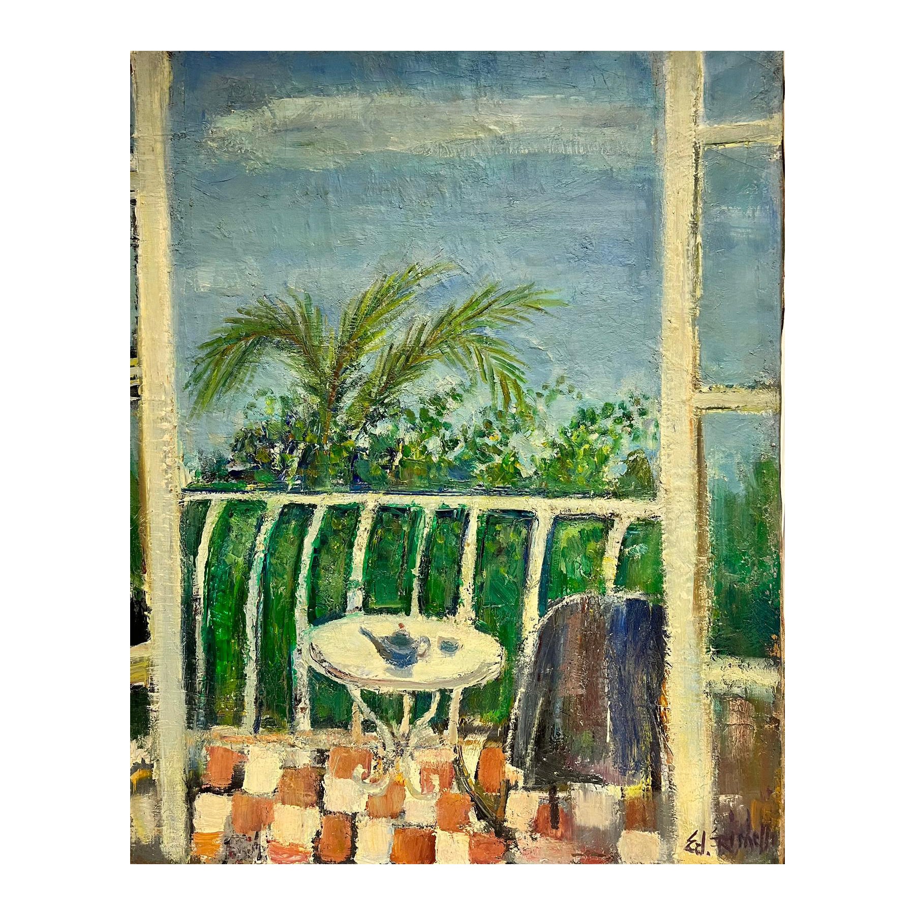 Original Französisch Mid Century PostImpressionist Öl Grün Balkon Med Terrasse Blick