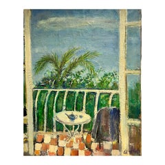 Original Französisch Mid Century PostImpressionist Öl Grün Balkon Med Terrasse Blick