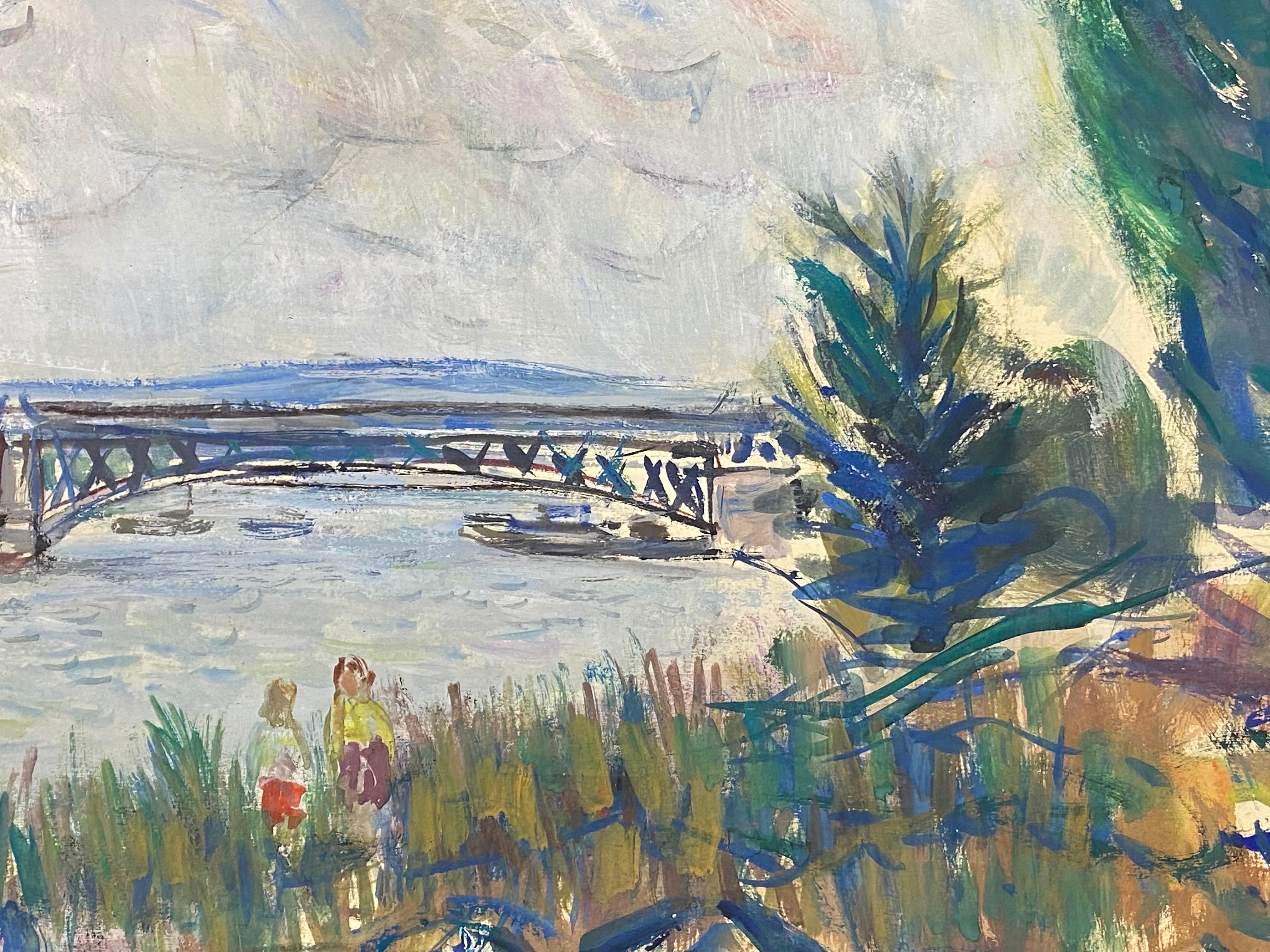 Aquarelle française d'origine du milieu du siècle - Magnifique paysage de pont avec personnages - Painting de Édouard Righetti (1924-2001)
