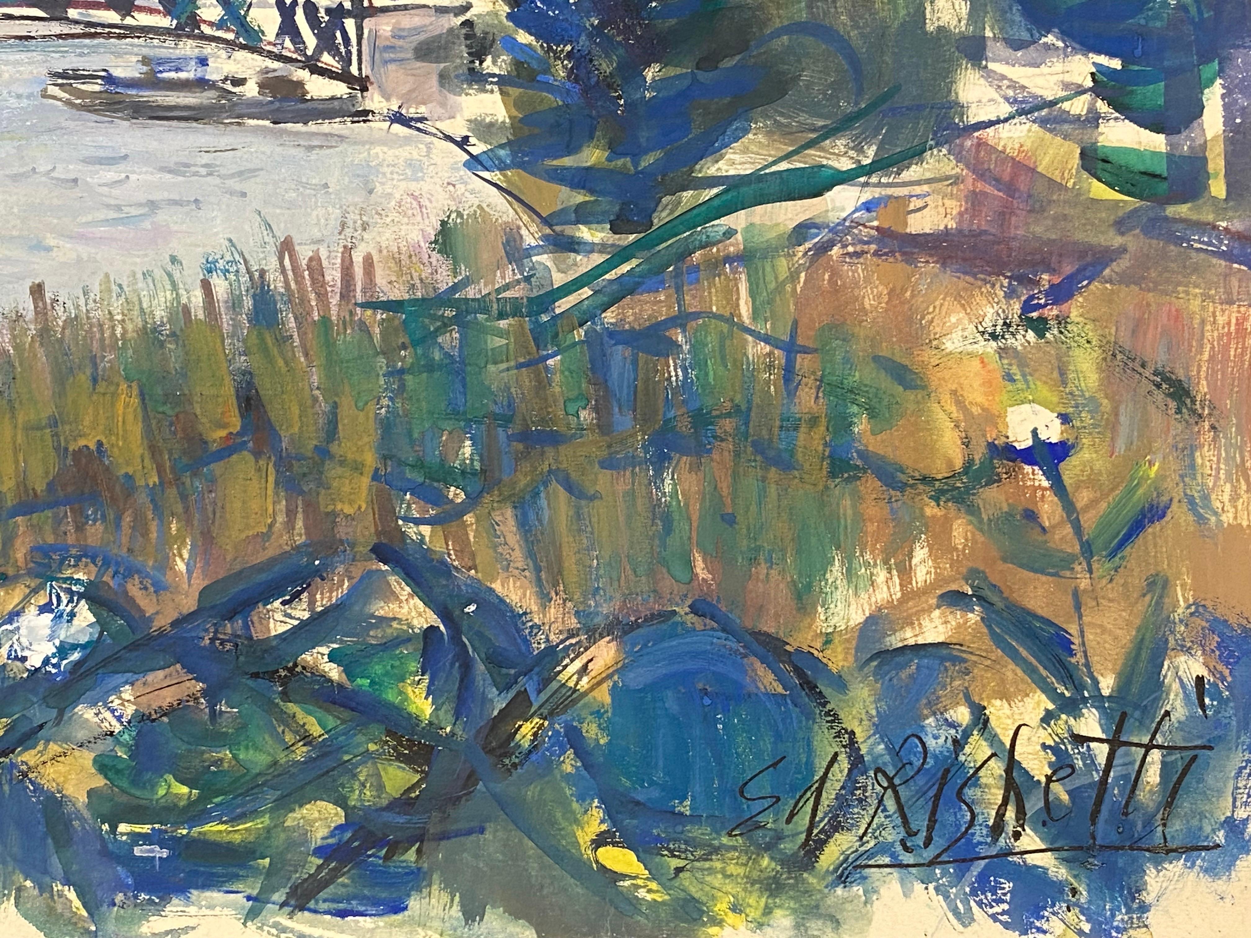 Aquarelle française d'origine du milieu du siècle - Magnifique paysage de pont avec personnages - Gris Landscape Painting par Édouard Righetti (1924-2001)
