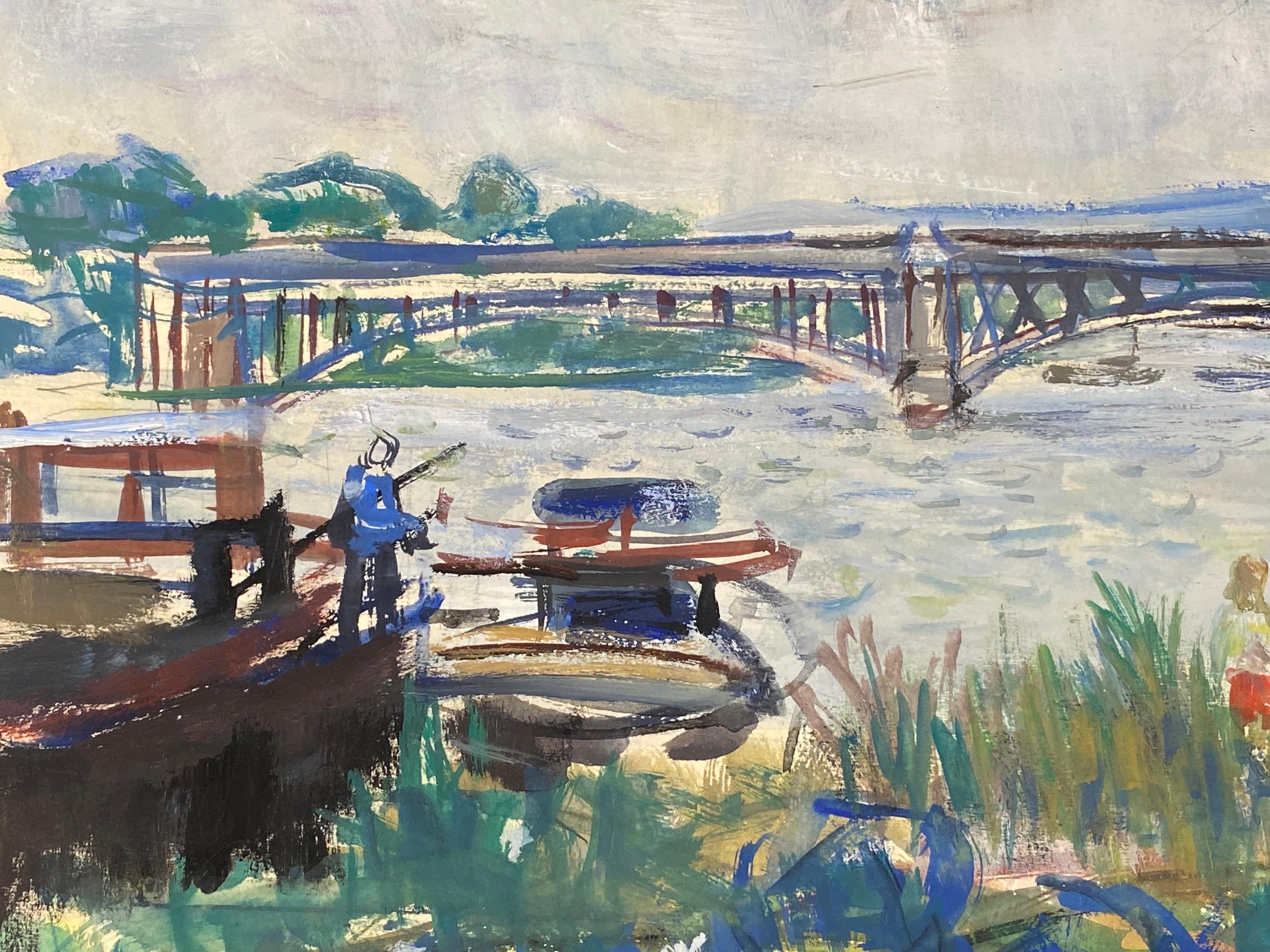 Original French Mid Century Watercolour -Beautiful Bridge Landscape With Figures - Post-Impressionist Painting by Édouard Righetti (1924-2001)