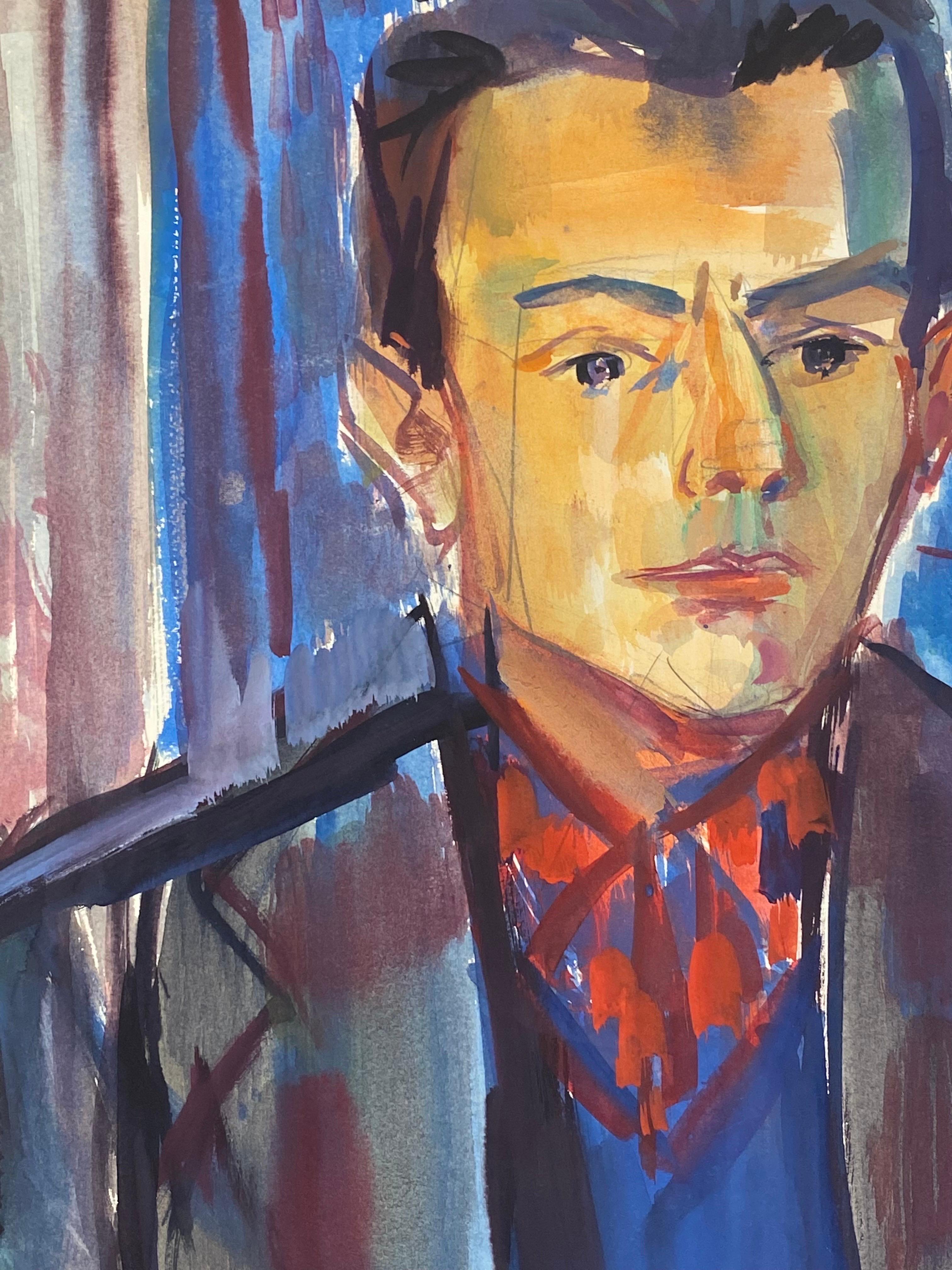 Original French Mid Century Watercolour - Portrait Of A Dapper Man Smoking - Painting by Édouard Righetti (1924-2001)