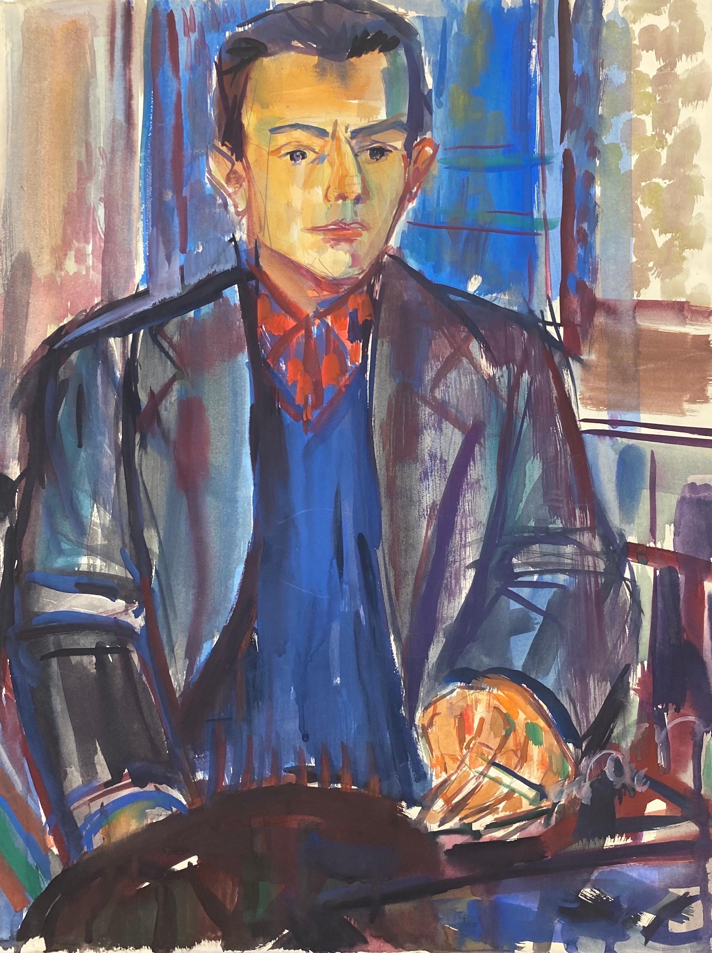 Édouard Righetti (1924-2001) Portrait Painting - Original French Mid Century Watercolour - Portrait Of A Dapper Man Smoking
