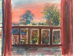 Original French Mid Century Watercolour - Red Balcony Through To Sunset