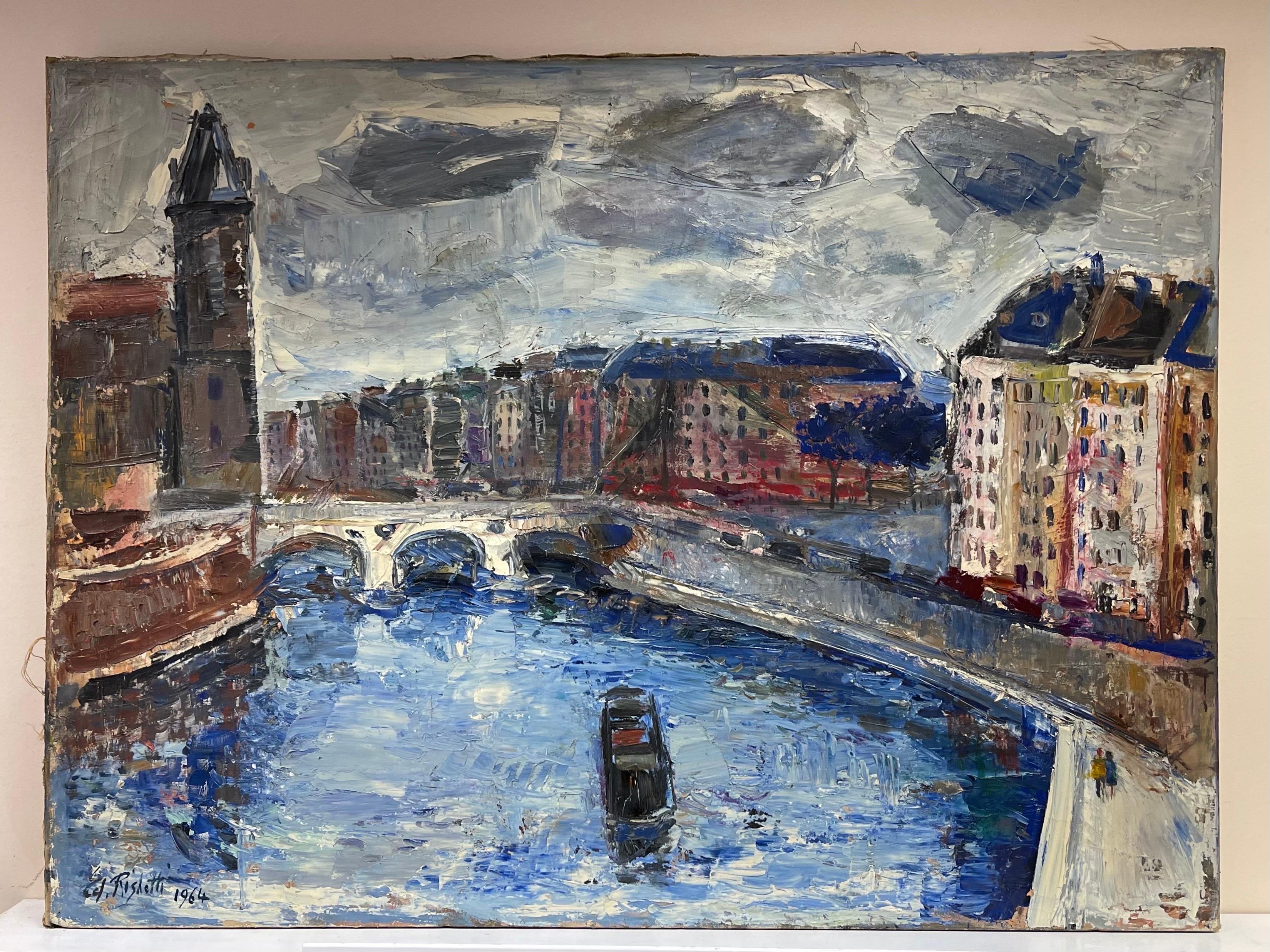 Paris & The River Seine, Huge 1960's French Post-Impressionist Oil, signed - Painting by Édouard Righetti (1924-2001)