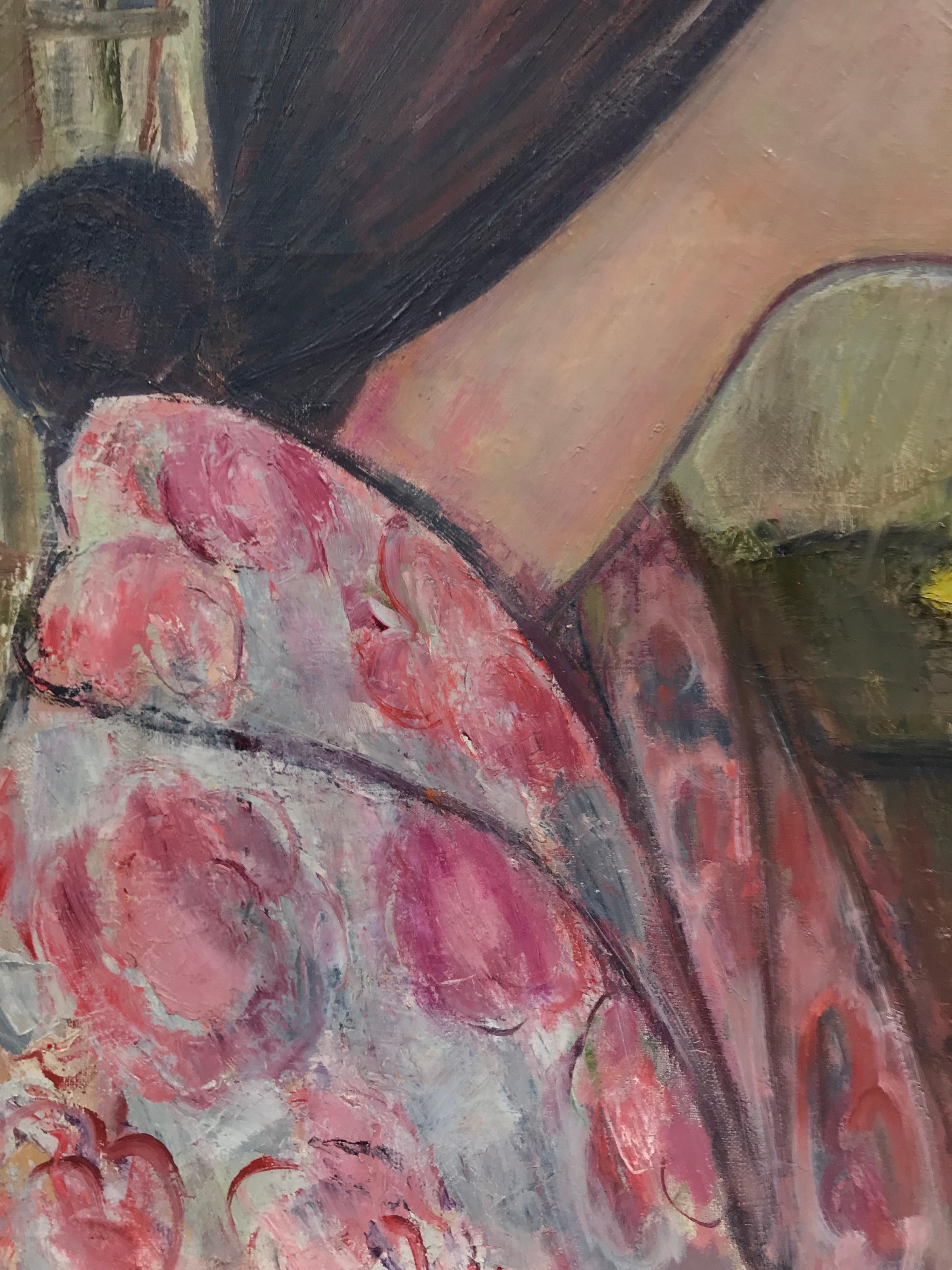 Ritratto di ragazza in rosa con limoni, olio post-impressionista francese della metà del secolo scorso - Painting di Édouard Righetti (1924-2001)