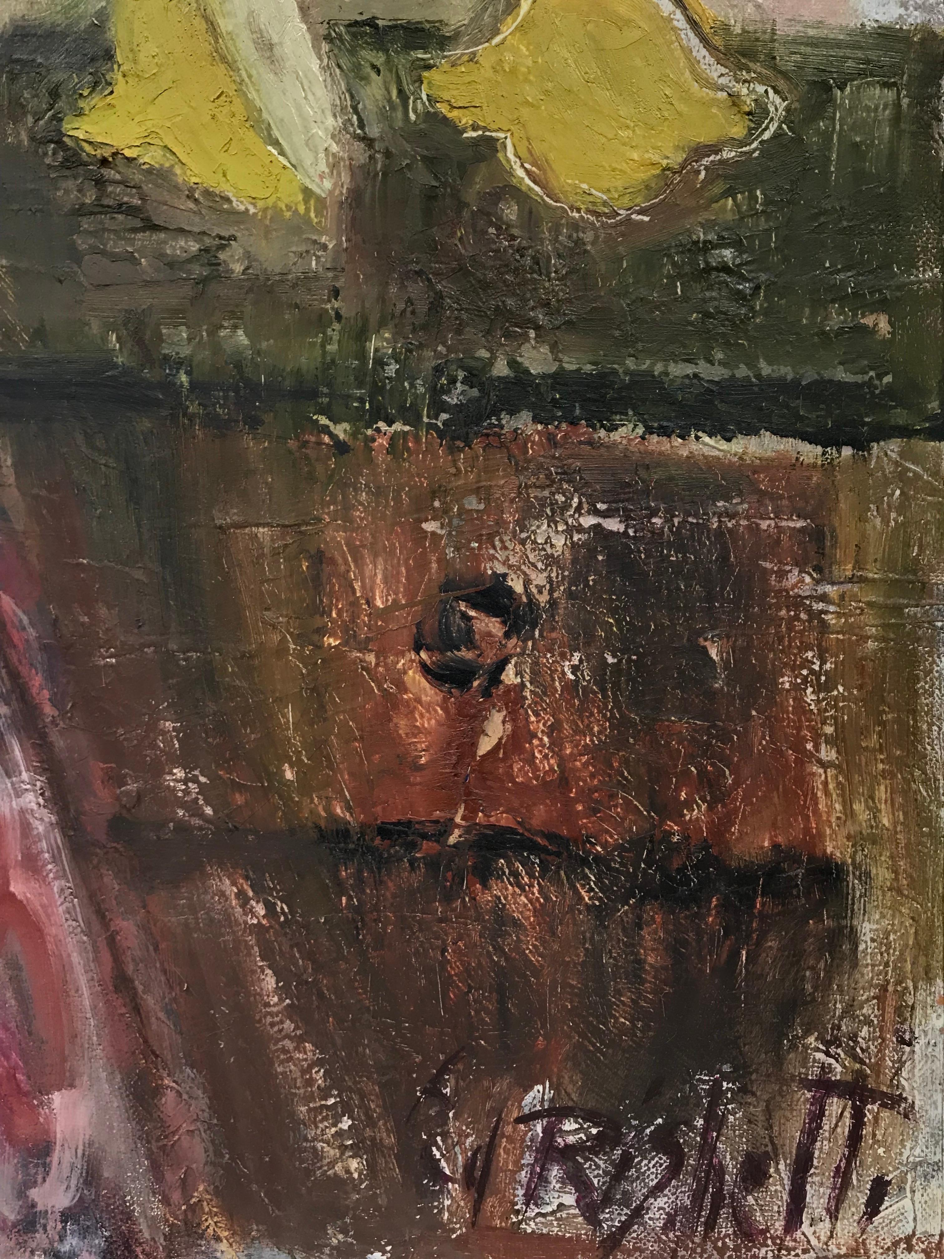 Portrait d'une fille en rose avec des citrons, huile post-impressionniste française du milieu du siècle dernier - Post-impressionnisme Painting par Édouard Righetti (1924-2001)