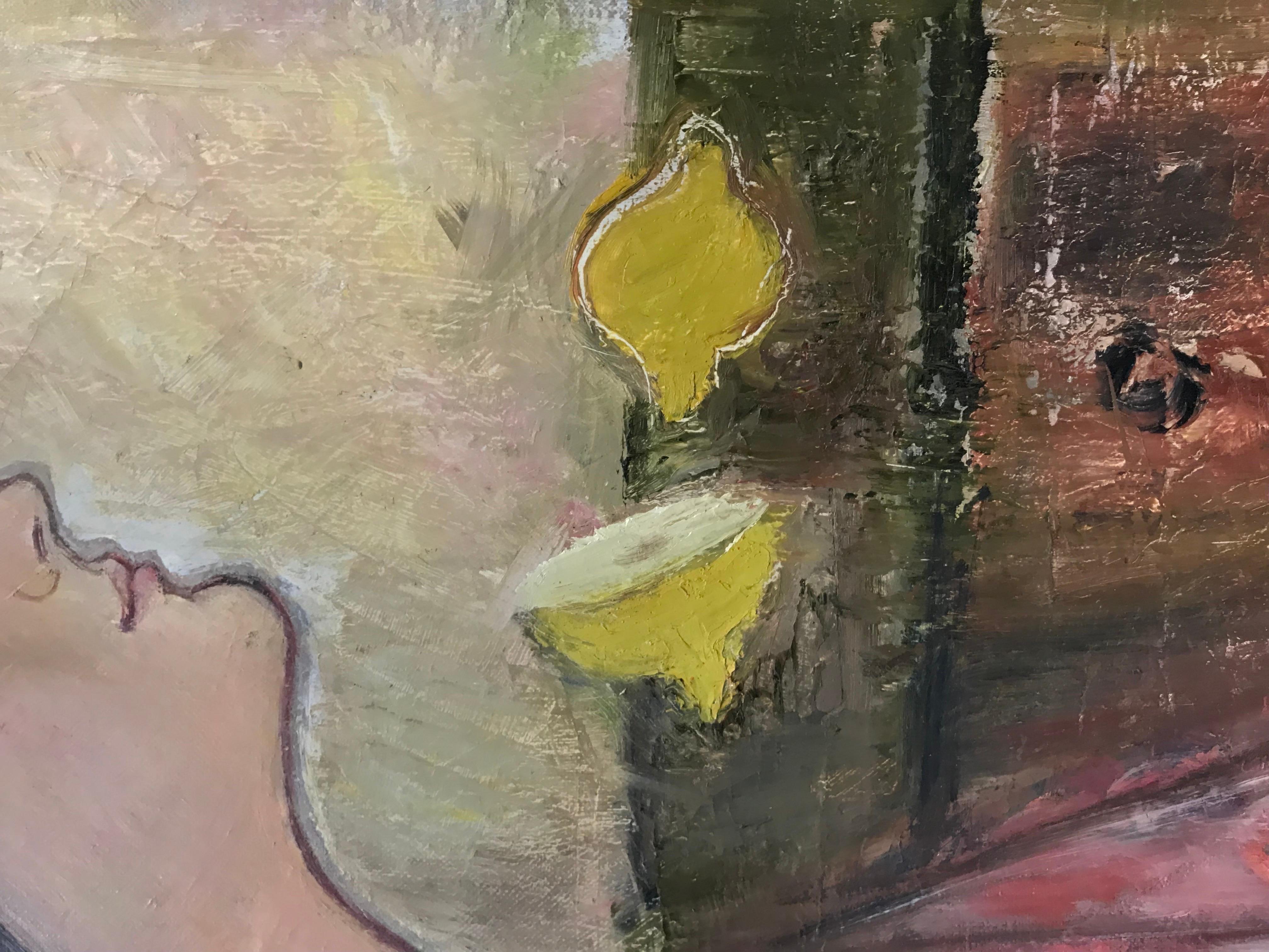 Portrait d'une fille en rose avec des citrons, huile post-impressionniste française du milieu du siècle dernier - Gris Portrait Painting par Édouard Righetti (1924-2001)
