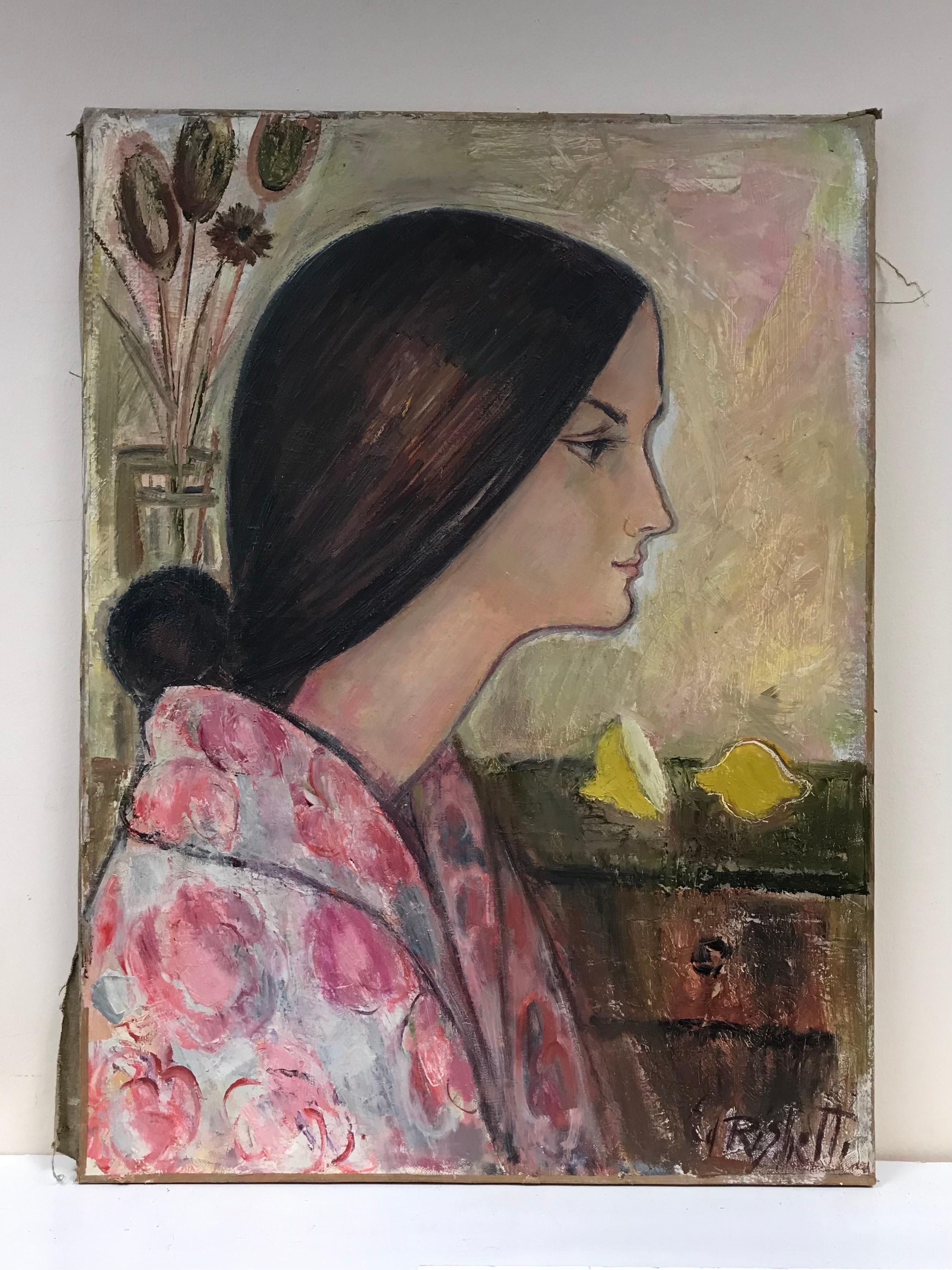 Retrato de niña de rosa con limones, óleo postimpresionista francés de mediados de siglo
