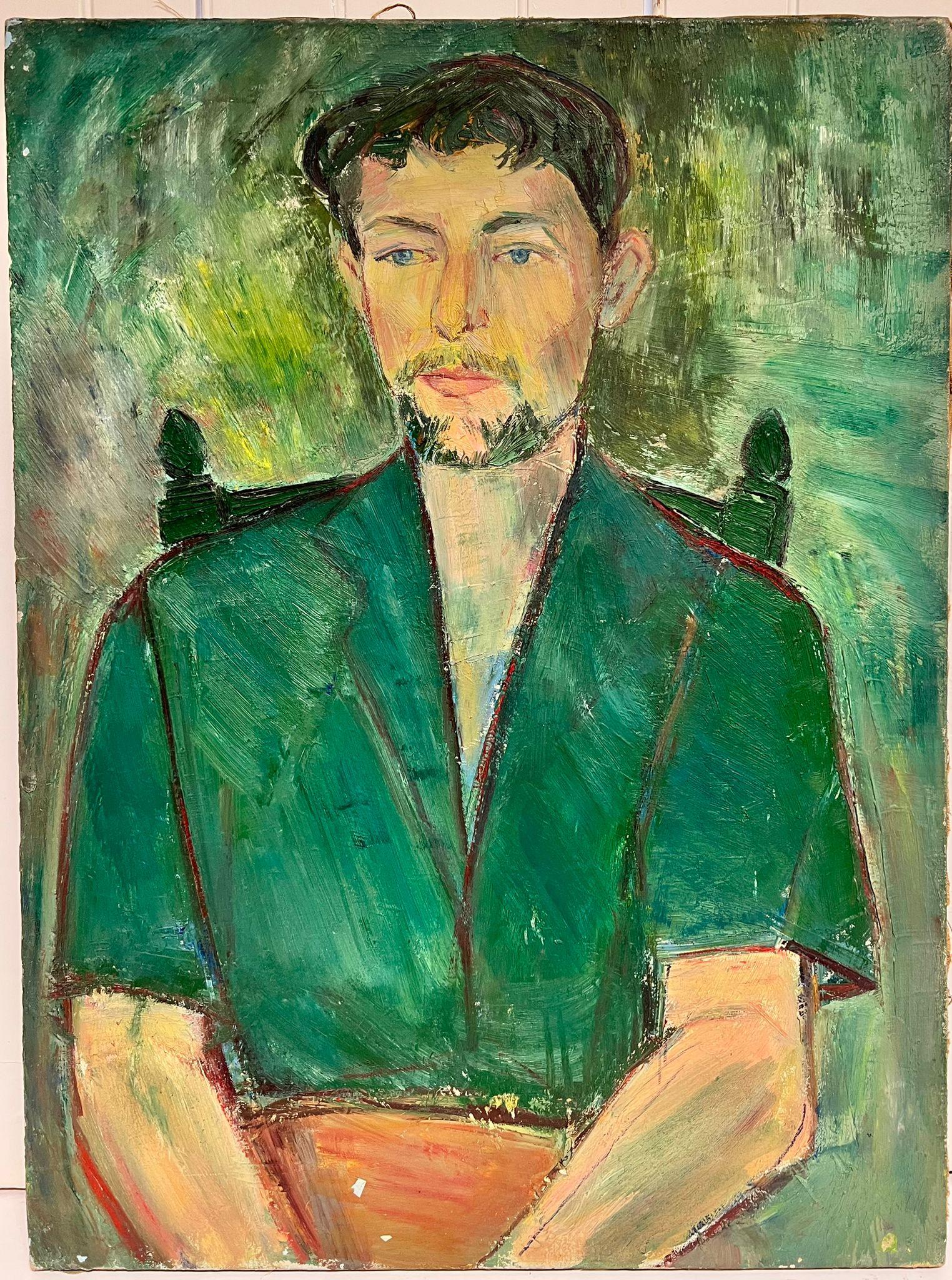 Ritratto di uomo in verde Olio originale francese della metà del secolo post impressionista - Painting di Édouard Righetti (1924-2001)