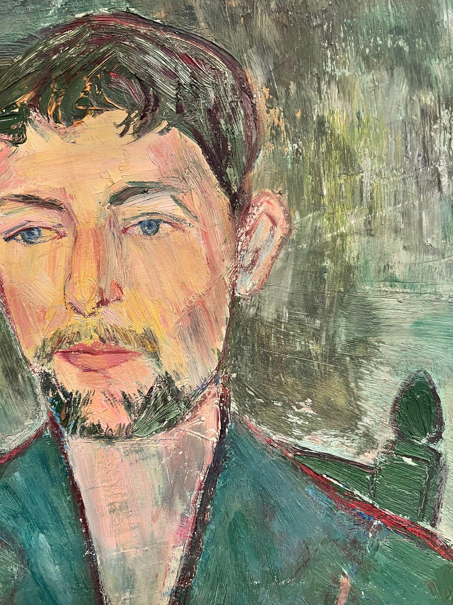 Ritratto di uomo in verde Olio originale francese della metà del secolo post impressionista - Painting Postimpressionismo di Édouard Righetti (1924-2001)