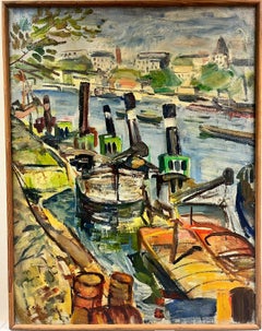 Fluss Seine Paris Schlepper Boote vertäut 1960er Jahre Französisch Post Impressionist Öl