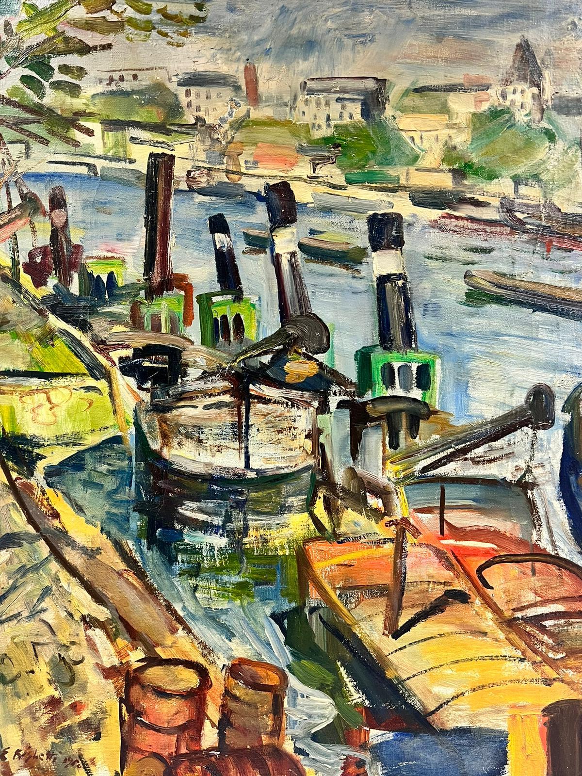 River Seine Paris Tug Boats Moored 1960’s French Post Impressionist Oil For Sale 1