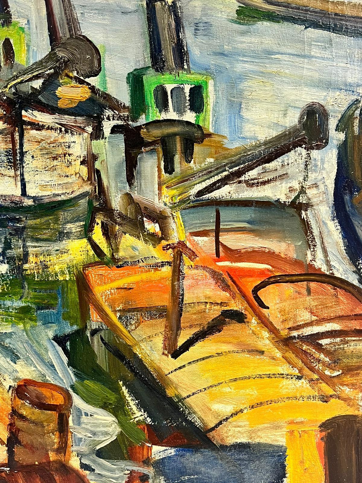 River Seine Paris Tug Boats Moored 1960’s French Post Impressionist Oil For Sale 2