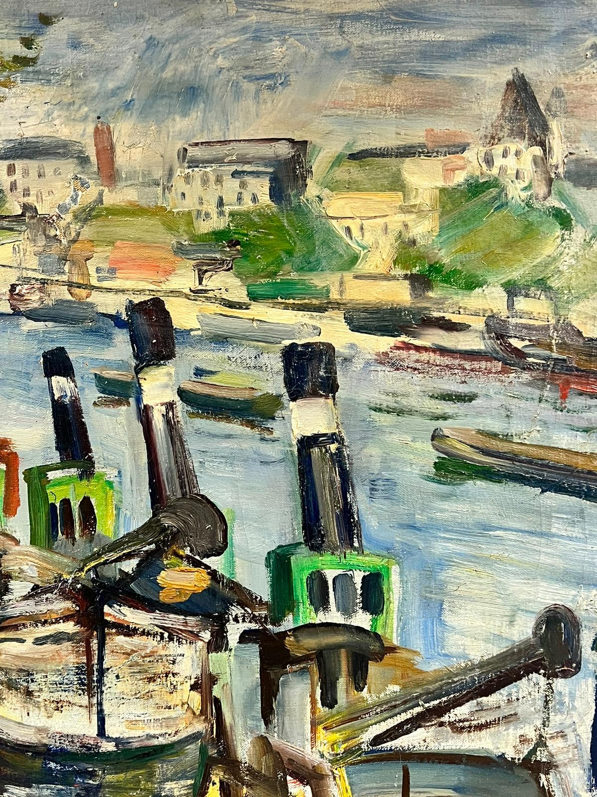 River Seine Paris Tug Boats Moored 1960’s French Post Impressionist Oil For Sale 3