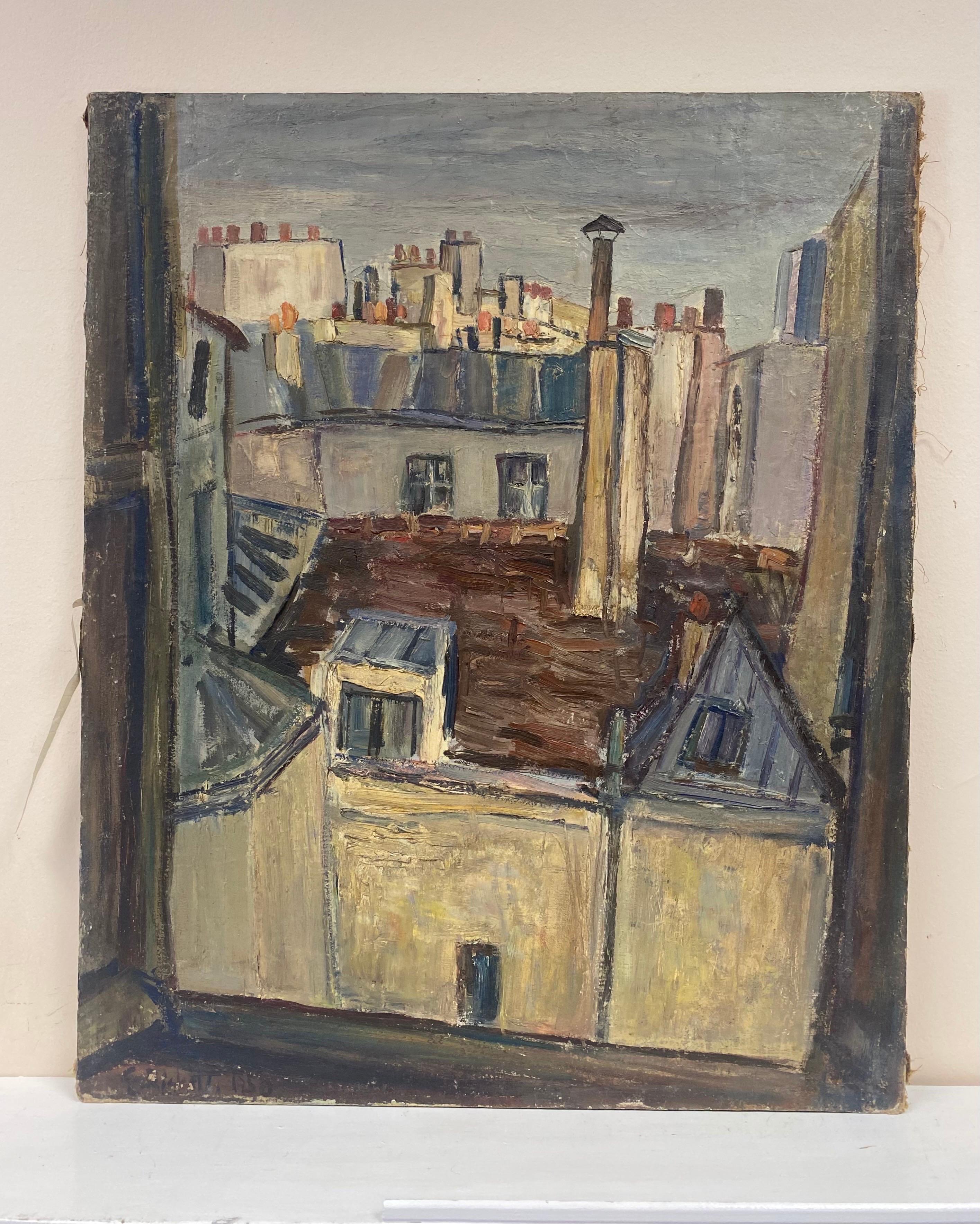 Tejados de la calle Jacob París 1950 Magnífico óleo postimpresionista francés original - Painting de Édouard Righetti (1924-2001)