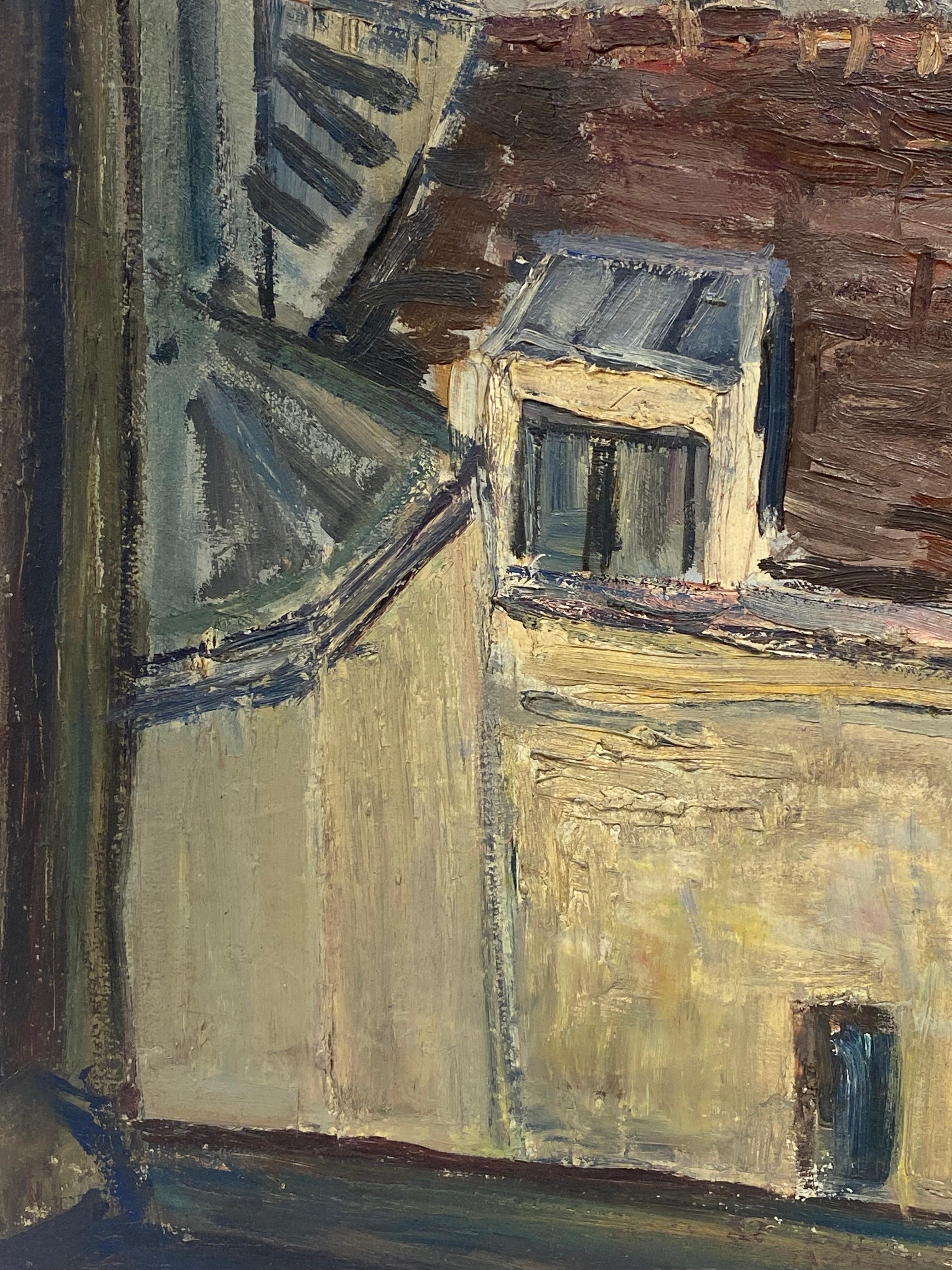 Rue Jacob Paris Rooftops 1950 Superb Original French Post-Impressionist Oil  - Gray Landscape Painting by Édouard Righetti (1924-2001)