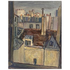 Superbe huile post-impressionniste française originale de 1950, Rue Jacob Paris Rooftops