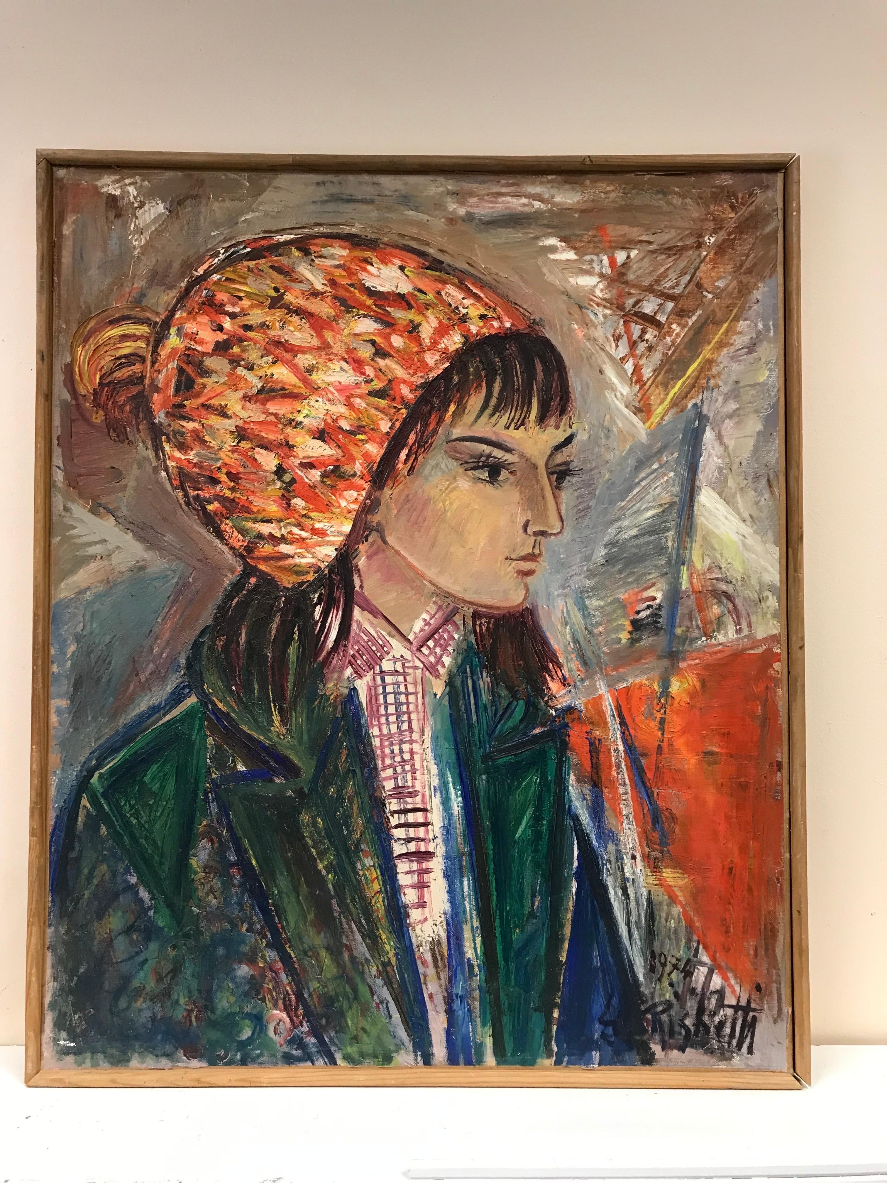 Portrait élégant et tendance de jeune femme française à l'huile post-impressionniste des années 1970 - Painting de Édouard Righetti (1924-2001)