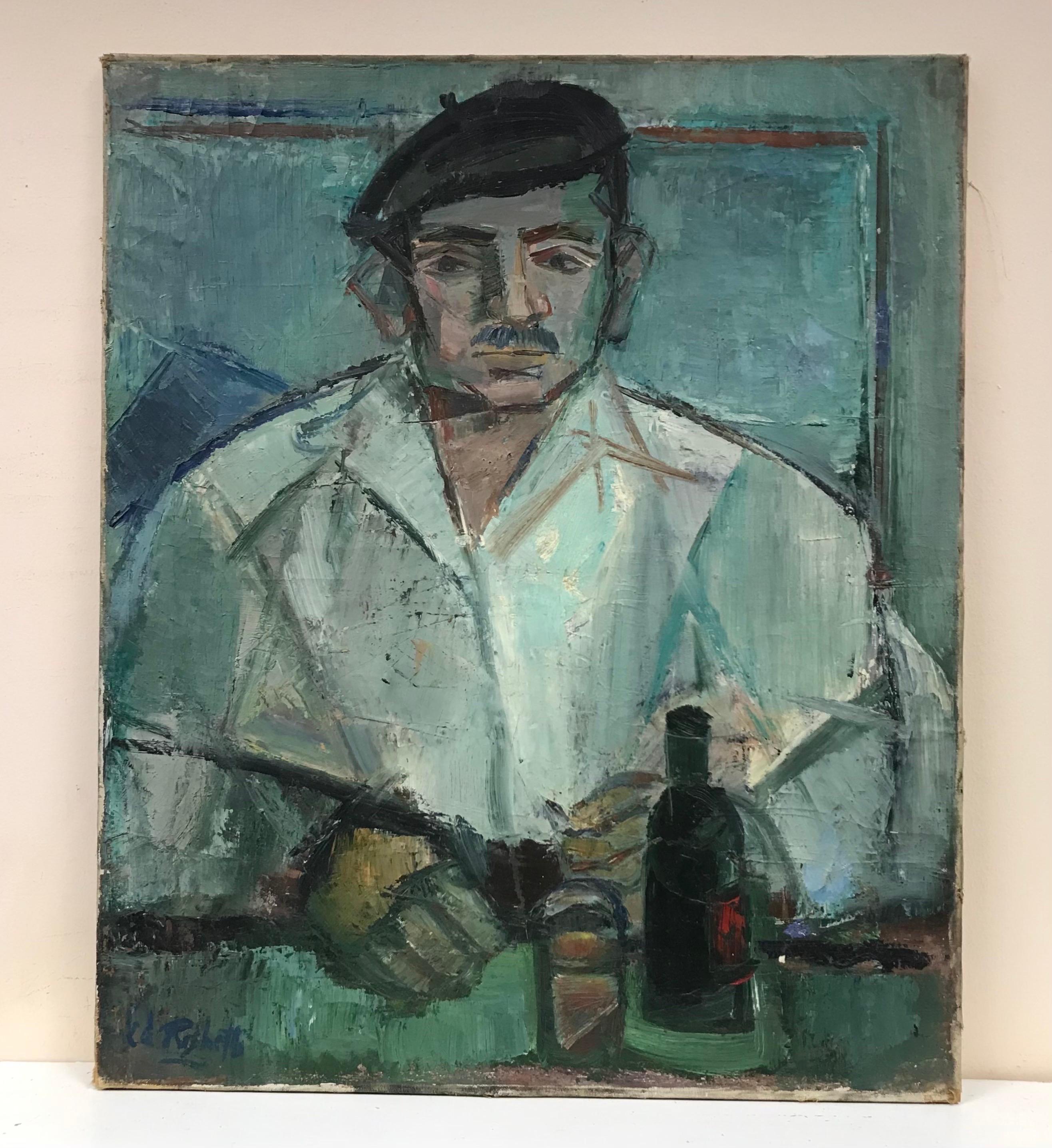 Superb 20th Century French Signed Oil - Portrait of Man in Beret in Bar Interior - Painting by Édouard Righetti (1924-2001)