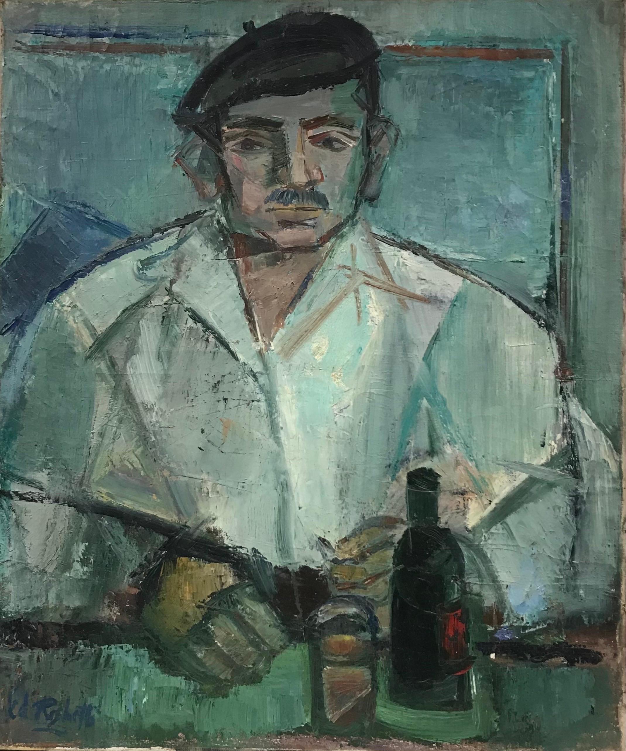Édouard Righetti (1924-2001) Portrait Painting - Superb 20th Century French Signed Oil - Portrait of Man in Beret in Bar Interior