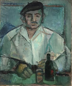 Superb 20th Century French Signed Oil - Portrait of Man in Beret in Bar Interior