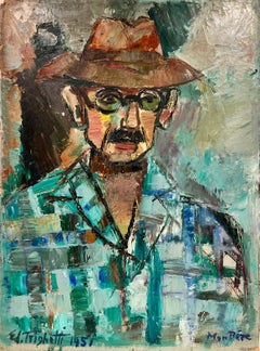 Superb 20th Century French Signed Oil - Portrait of Man in Hat & Glasses