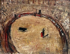 Retro The Bull Fight Madrid, Matador & Bull in the Ring, French Modernist Oil 