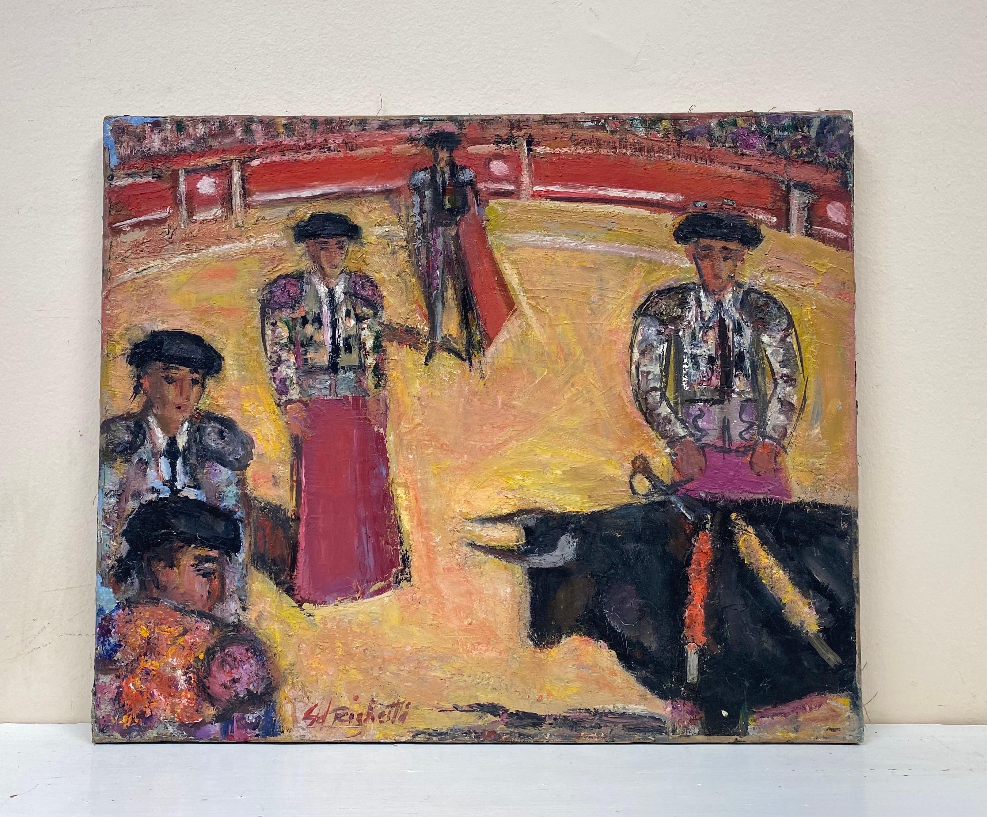 The Bull Ring Madrid with Matadors, 1950's French Post-Impressionist Oil  - Painting by Édouard Righetti (1924-2001)