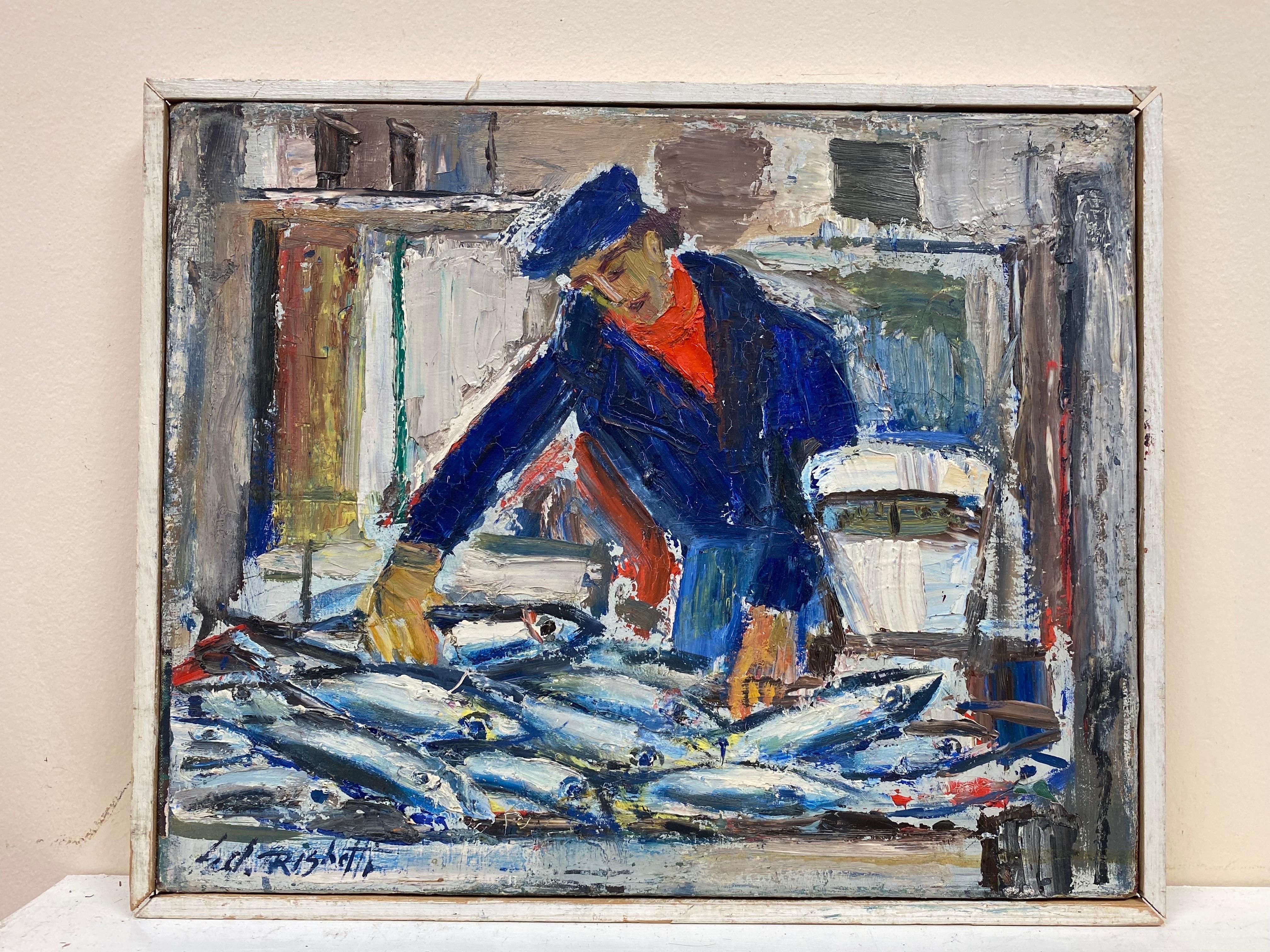 The Fish Market, Original French Mid Century Post-Impressionist Oil - Fisherman - Painting by Édouard Righetti (1924-2001)