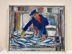 The Fish Market, Original French Mid Century Post-Impressionist Oil - Fisherman