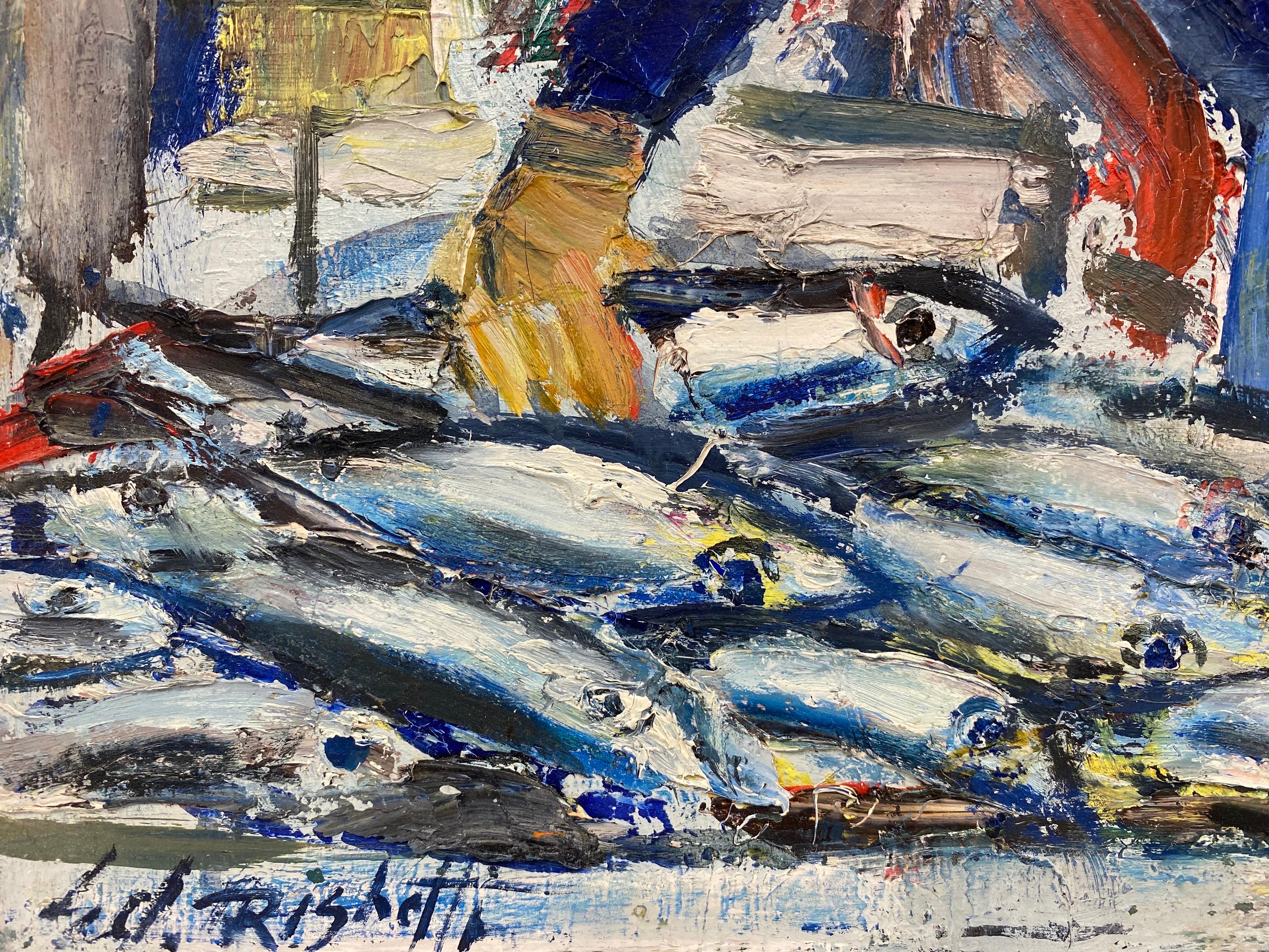 The Fish Market, Original French Mid Century Post-Impressionist Oil - Fisherman - Gray Figurative Painting by Édouard Righetti (1924-2001)