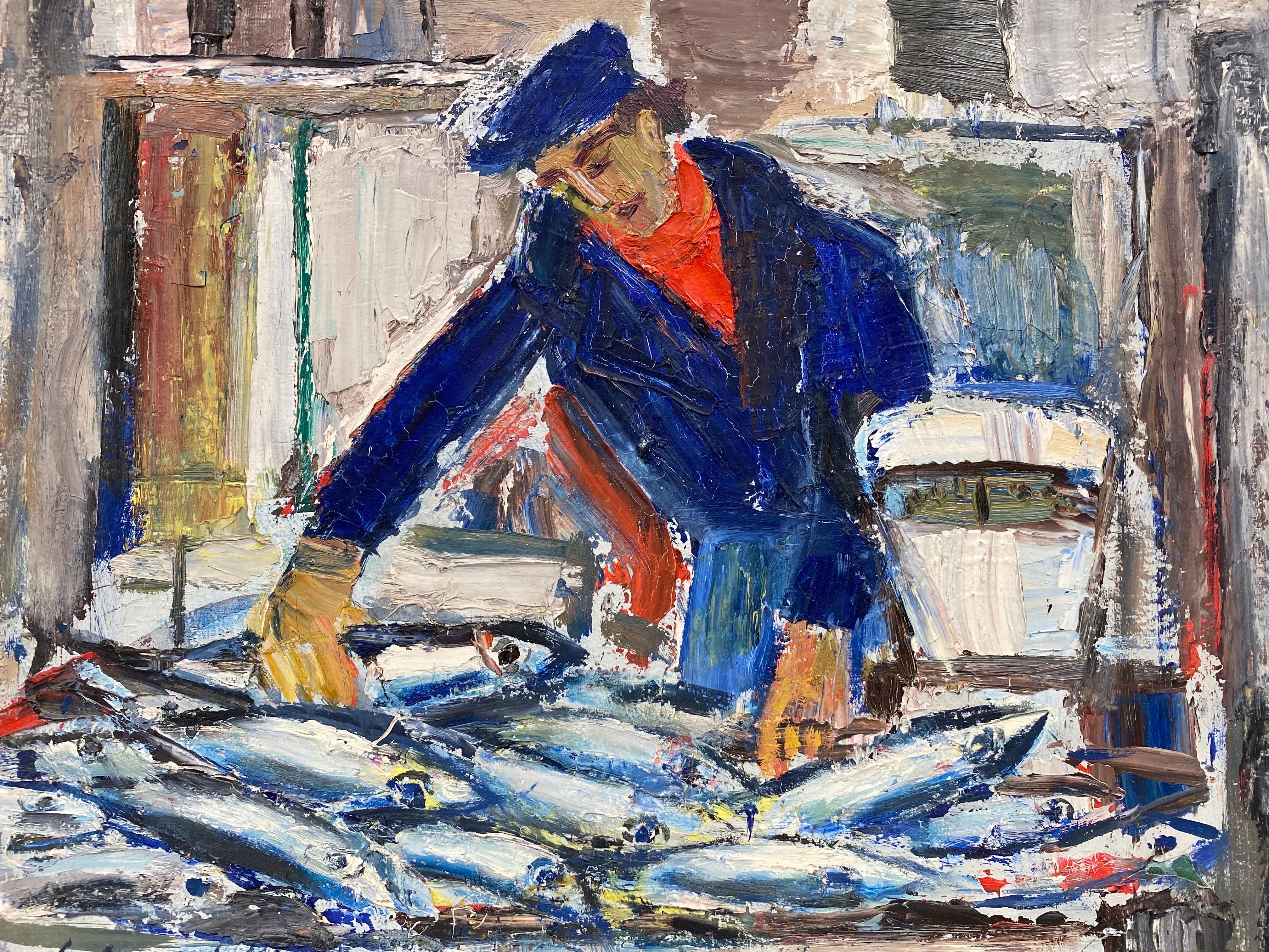 Édouard Righetti (1924-2001) Figurative Painting - The Fish Market, Original French Mid Century Post-Impressionist Oil - Fisherman