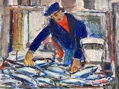 The Fish Market, Original French Mid Century Post-Impressionist Oil - Fisherman