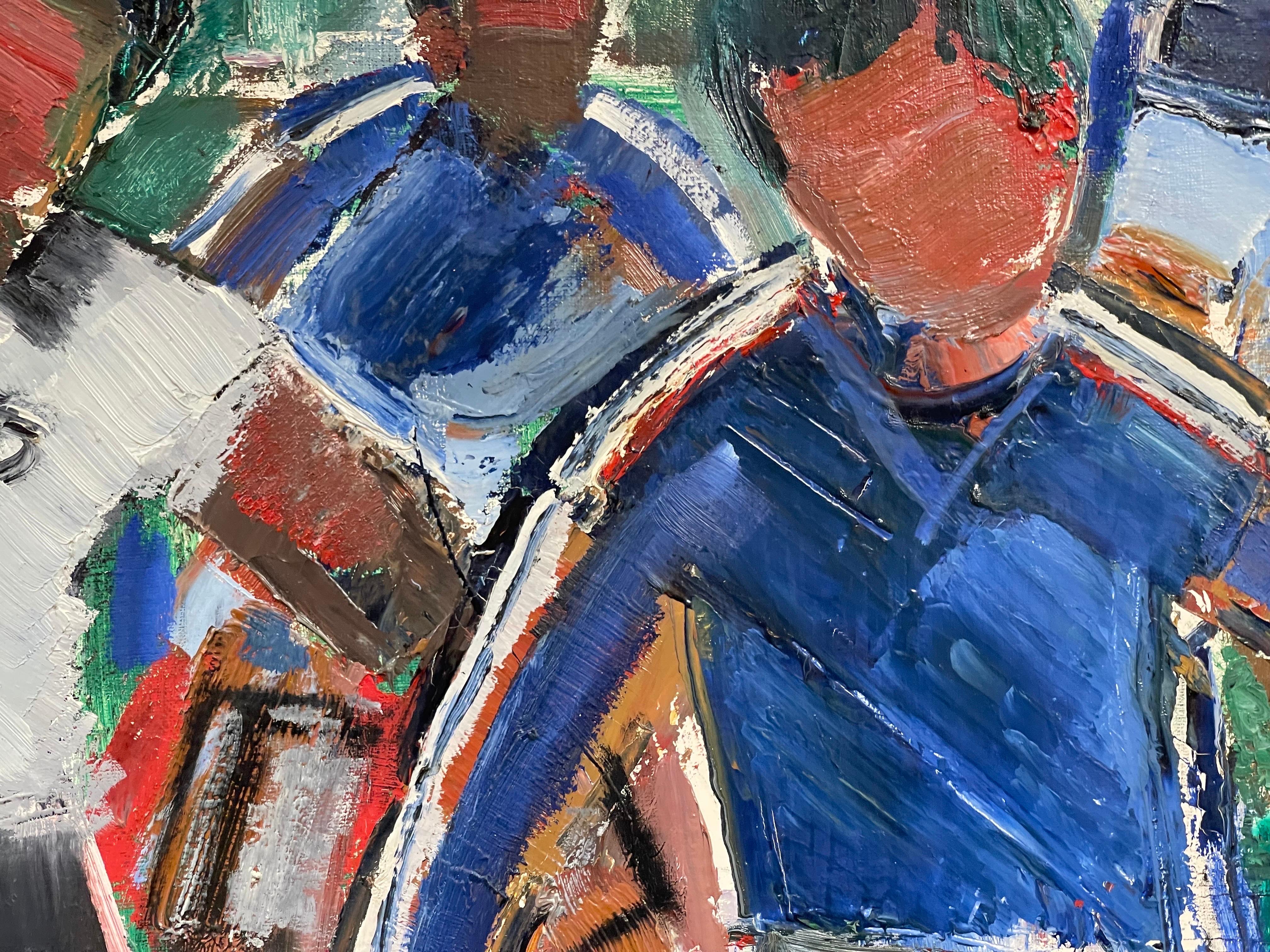 Le match de football, grande huile cubiste/abstrait française originale du milieu du siècle dernier 6