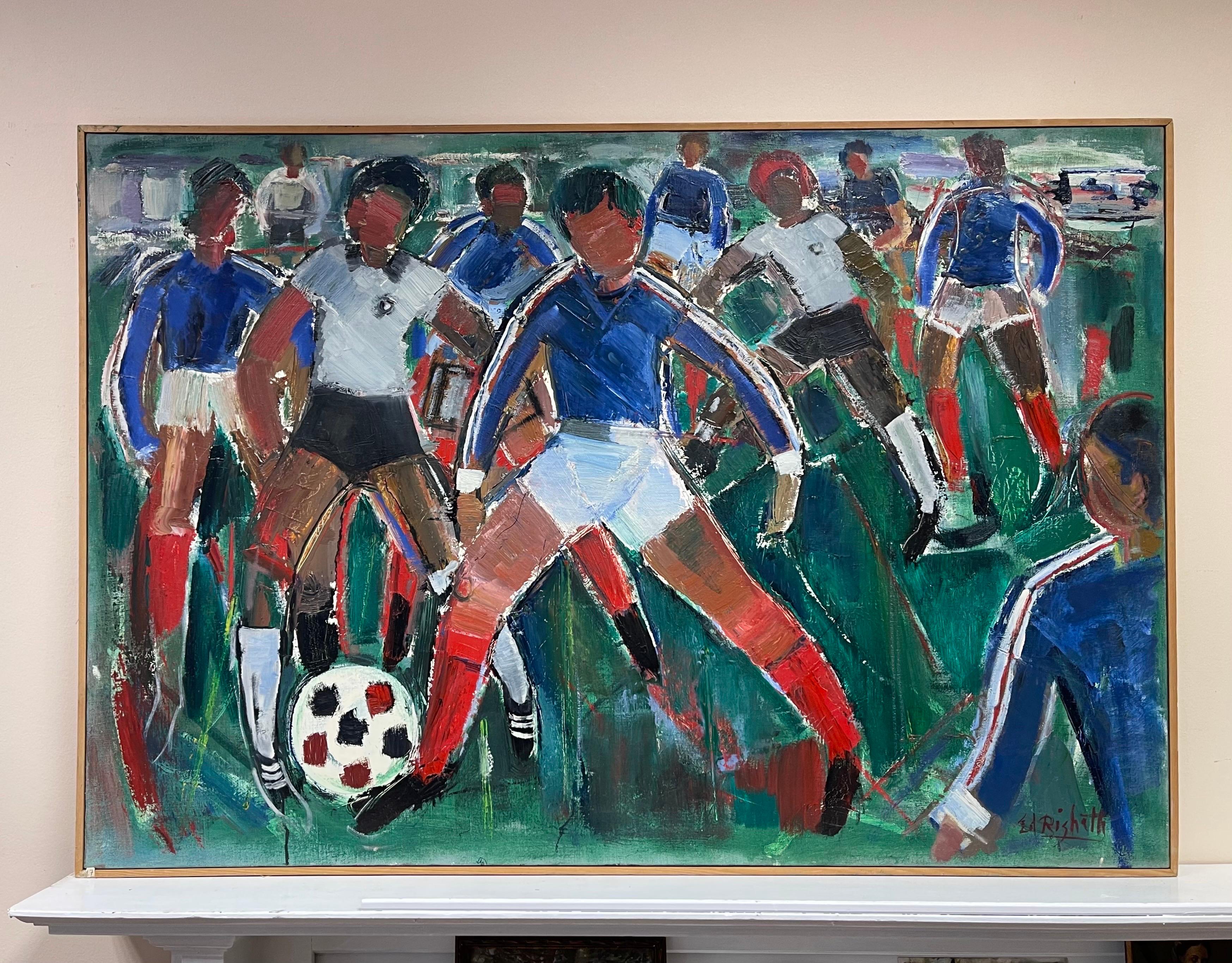 Le match de football, grande huile cubiste/abstrait française originale du milieu du siècle dernier - Painting de Édouard Righetti (1924-2001)