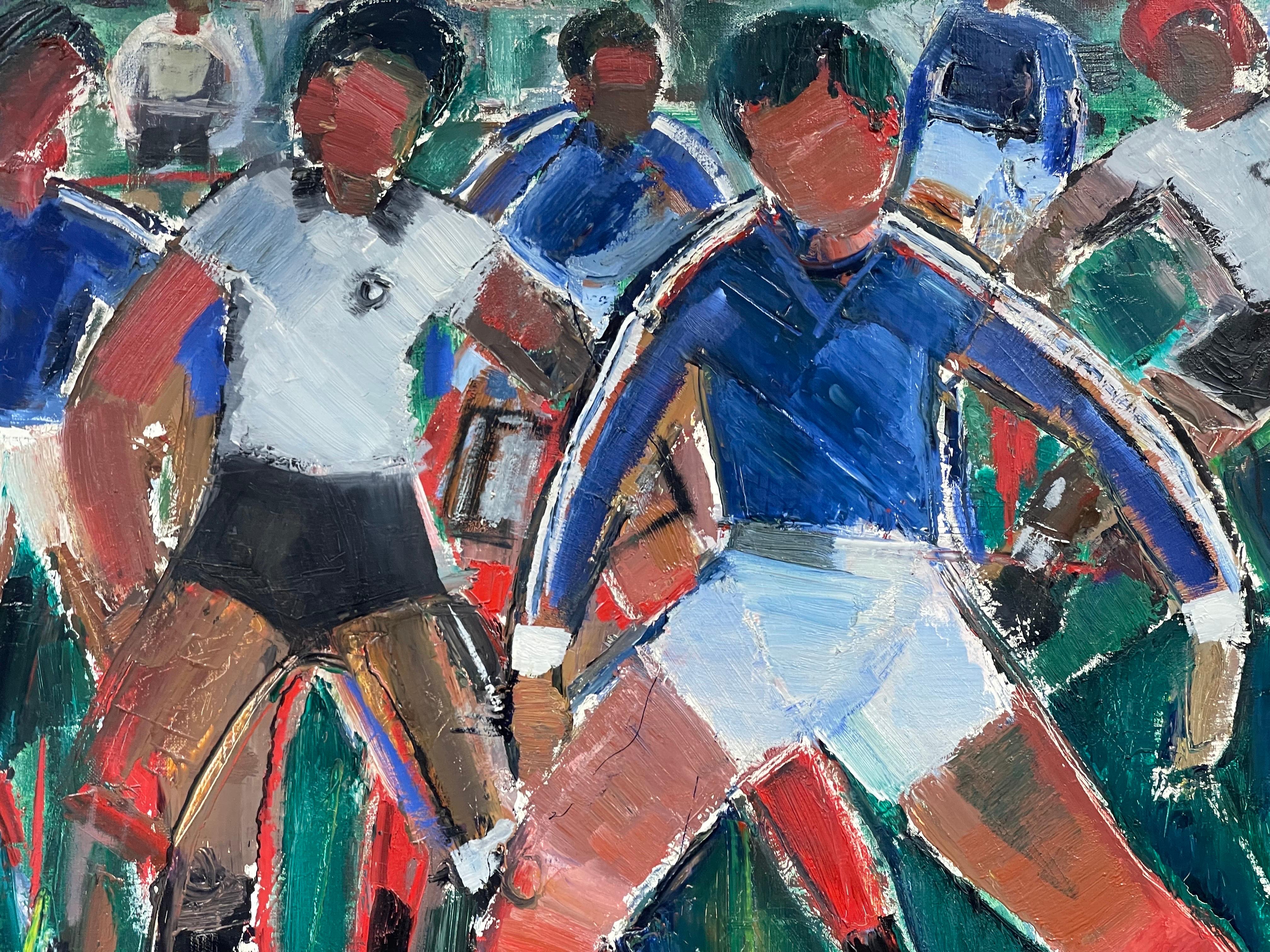 Le match de football, grande huile cubiste/abstrait française originale du milieu du siècle dernier - Post-impressionnisme Painting par Édouard Righetti (1924-2001)