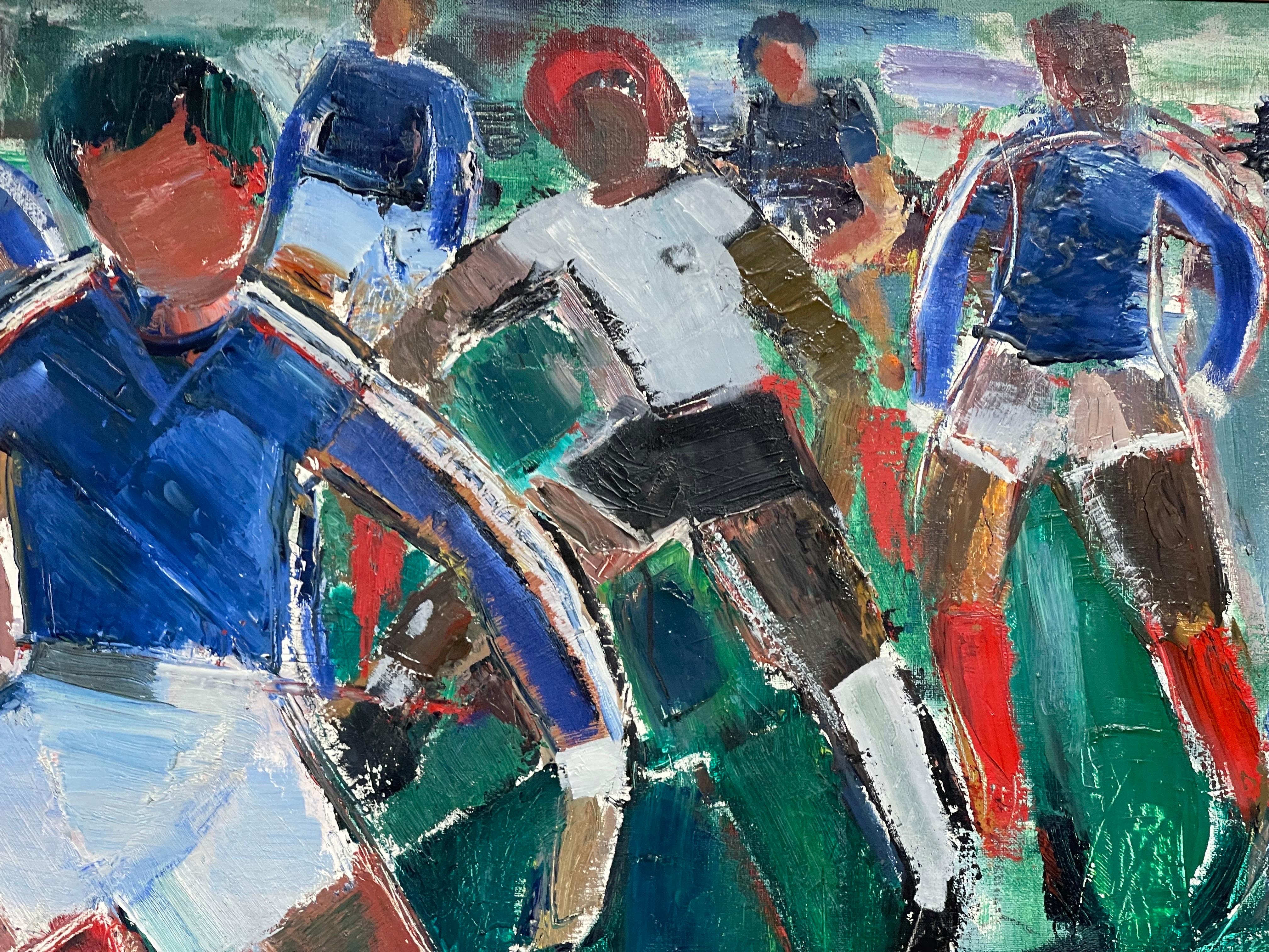 Le match de football, grande huile cubiste/abstrait française originale du milieu du siècle dernier 3