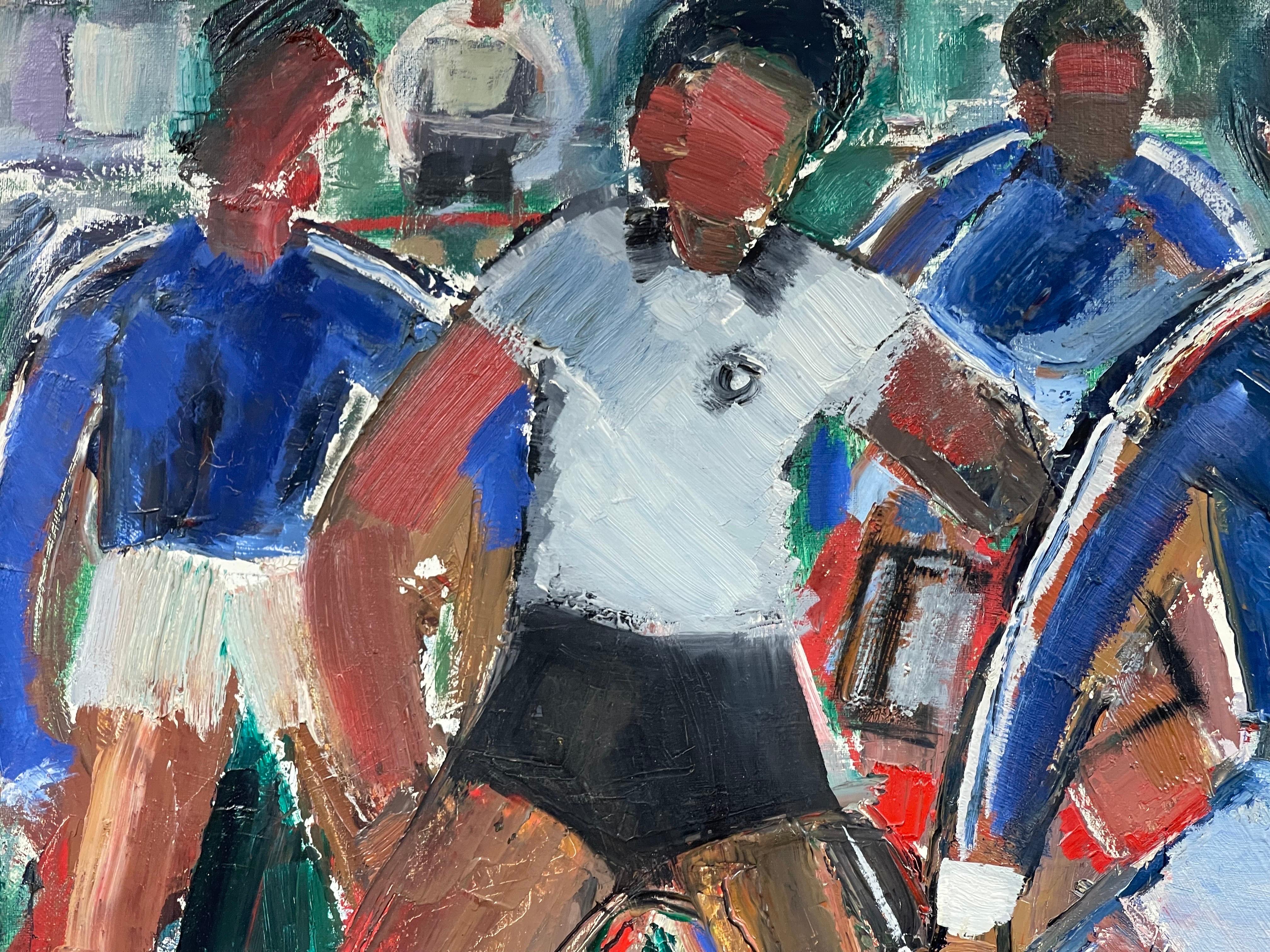 Le match de football, grande huile cubiste/abstrait française originale du milieu du siècle dernier 4