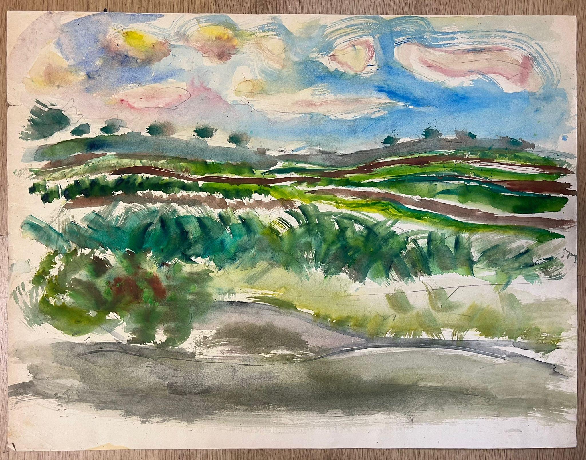 Vibrant Abstract Landscape with Rolling Fields and Sky Expressive Watercolor - Painting by Édouard Righetti (1924-2001)