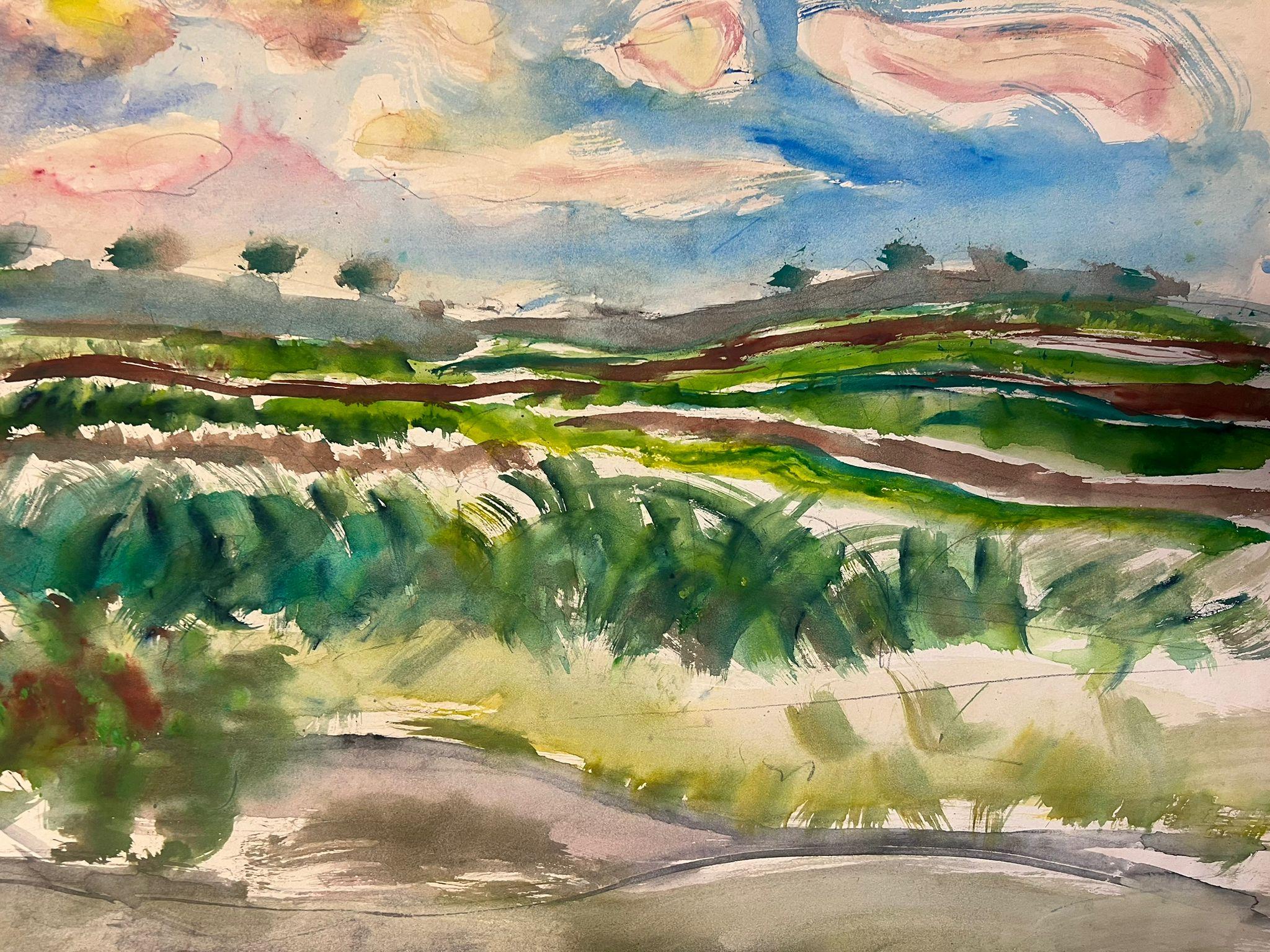 Vibrant Abstract Landscape with Rolling Fields and Sky Expressive Watercolor - Post-Impressionist Painting by Édouard Righetti (1924-2001)