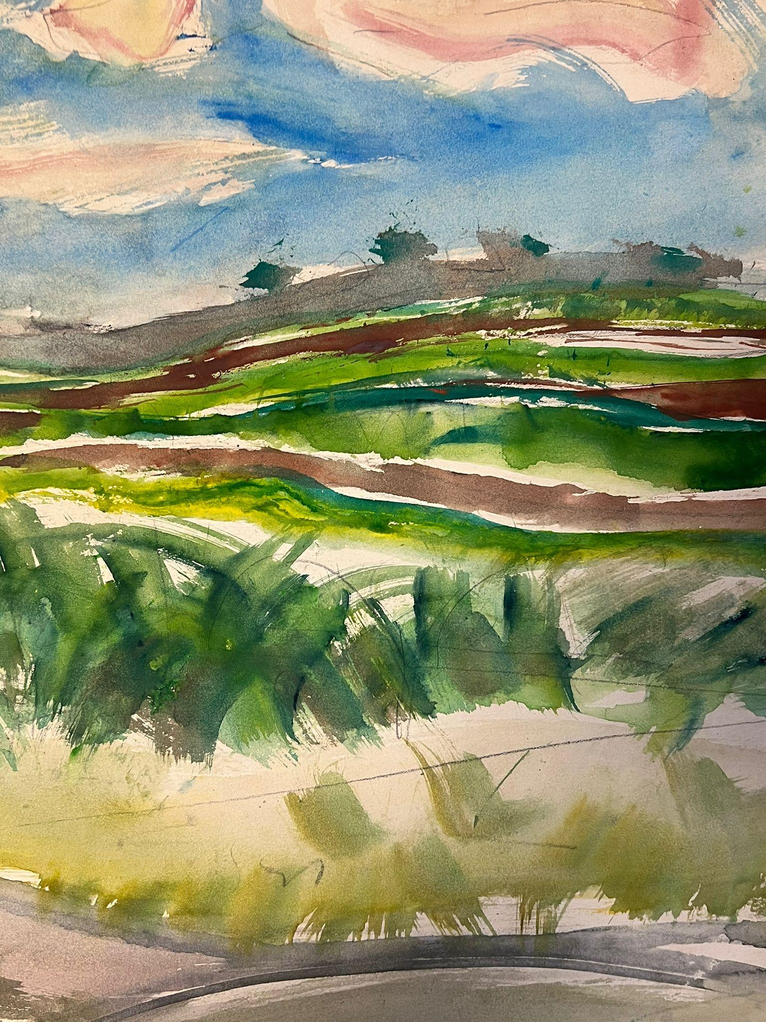 Vibrant Abstract Landscape with Rolling Fields and Sky Expressive Watercolor - Gray Landscape Painting by Édouard Righetti (1924-2001)